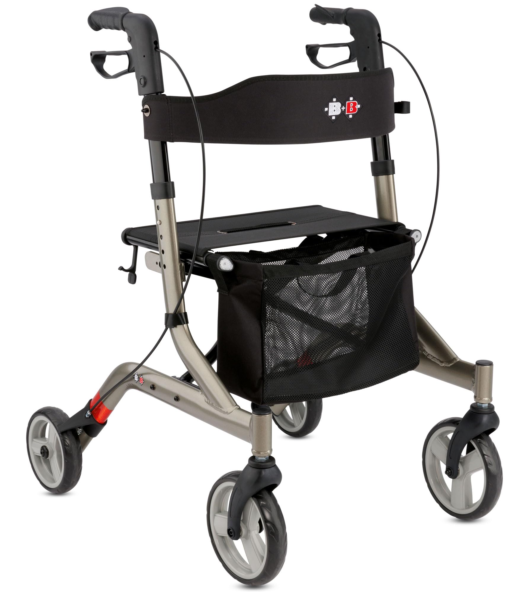 Bischoff & Bischoff Capero Rollator, faltbar – Leichtgewicht-Rollator für drinnen und draußen, Gehwagen mit Rücken-Gurt, Stockhalter und abnehmbarer Netz-Tasche, Platin