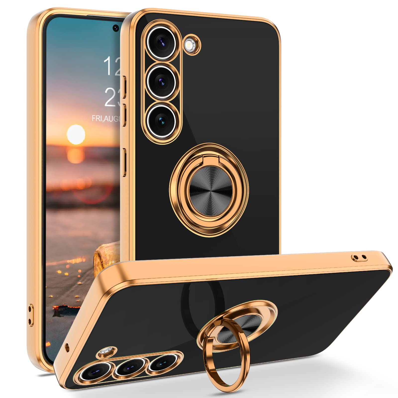 BENTOBEN for Samsung Galaxy S23 Case, 360° Ring Holder Kickstand Support Car Mount Elegant Plating Edge Slim Shockproof Soft TPU Protective Phone