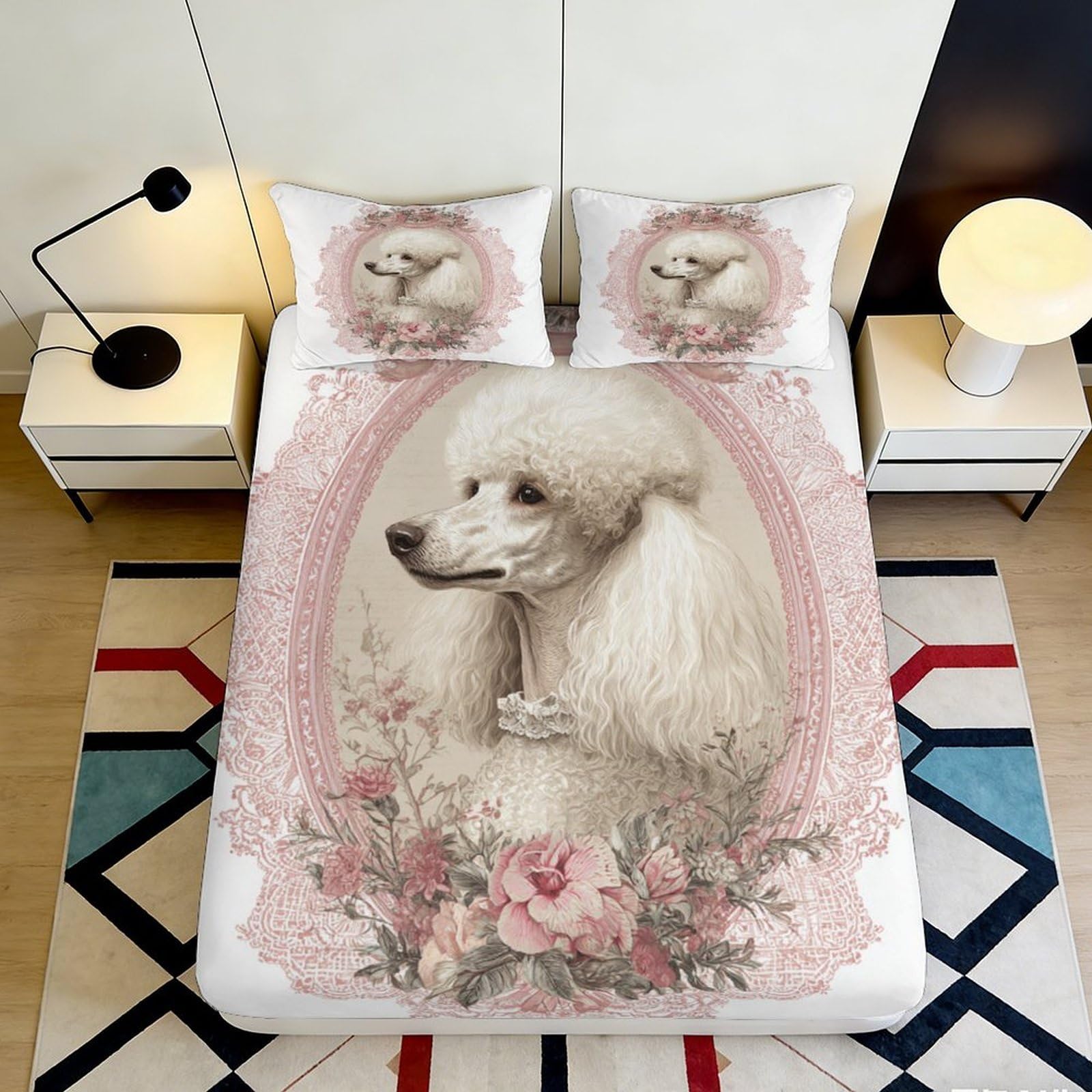 3D Printed Vintage Poodle Pattern Fitted Sheet Microfiber Deep Pocket Bedding for Adults Non-Slip Poodle Mattress Fitted Cover Washable 200x200x25cm
