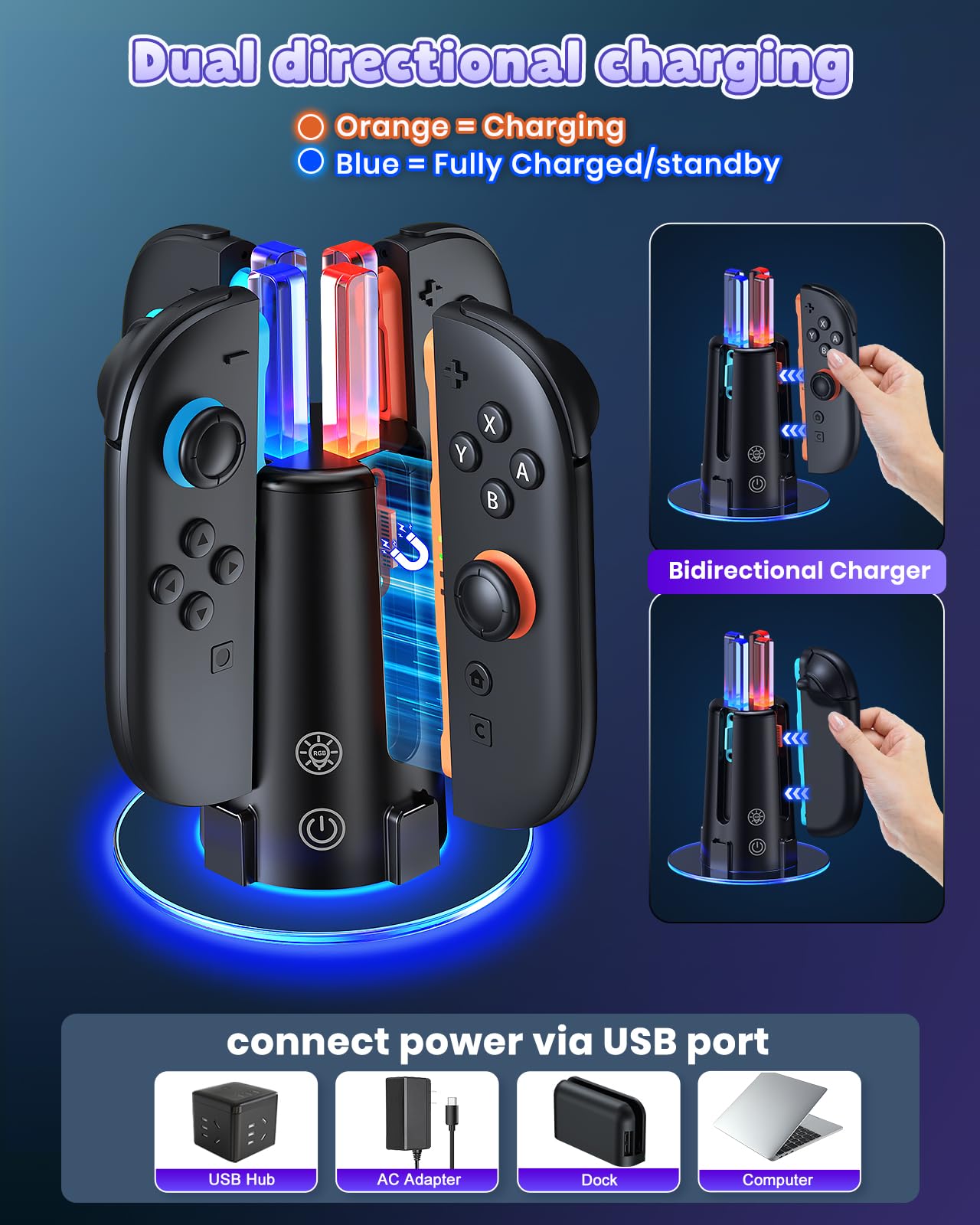 RVB Station de Charge 4-en-1 pour Switch 2/1/OLED pour Joycon 2/1 | FYOUNG Chargeur Dock Compact avec LED RVB & Indicateurs de Charge, Support de Recharge pour Joycon 2 & 1