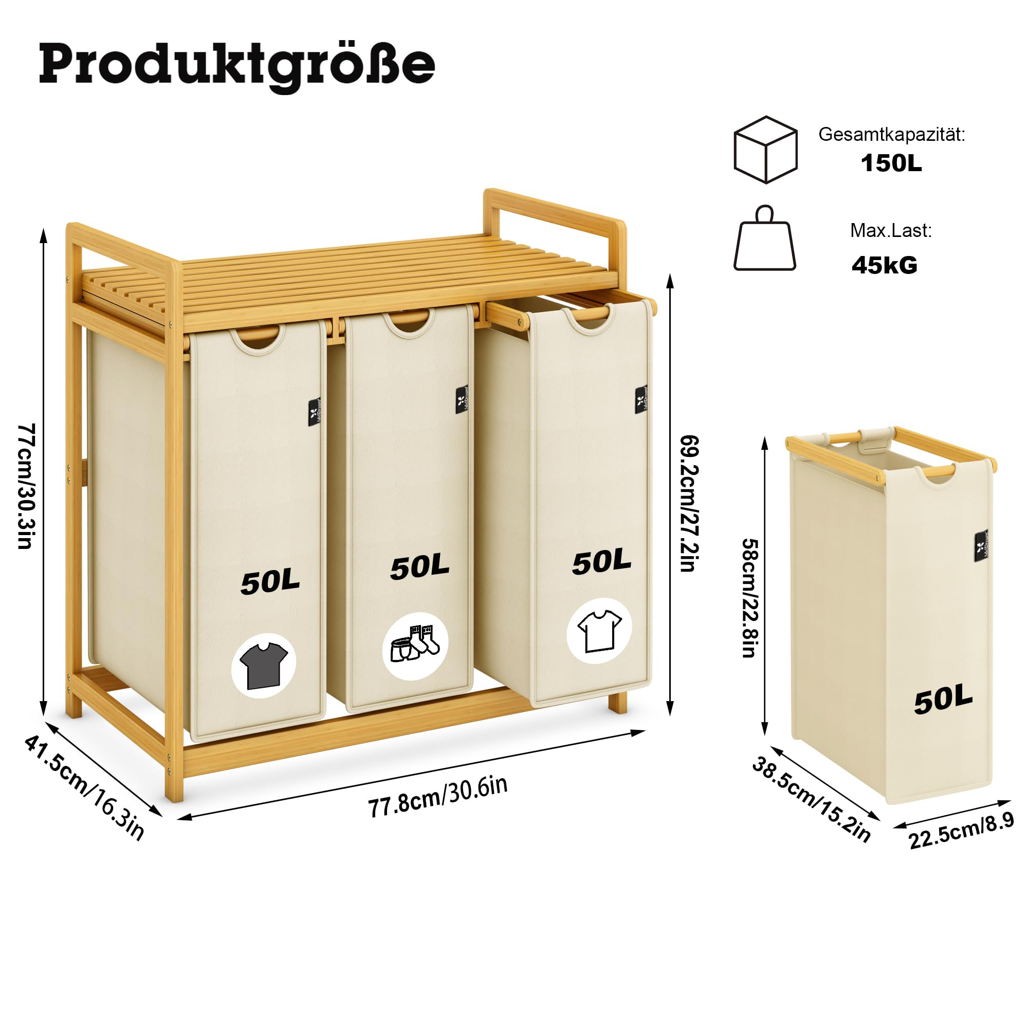AdelDream Panier à linge 150L 3 compartiments avec étagères sac à linge extensible et amovible collecteur de linge cadre en bambou boîte à linge tri du linge Bambou Beige