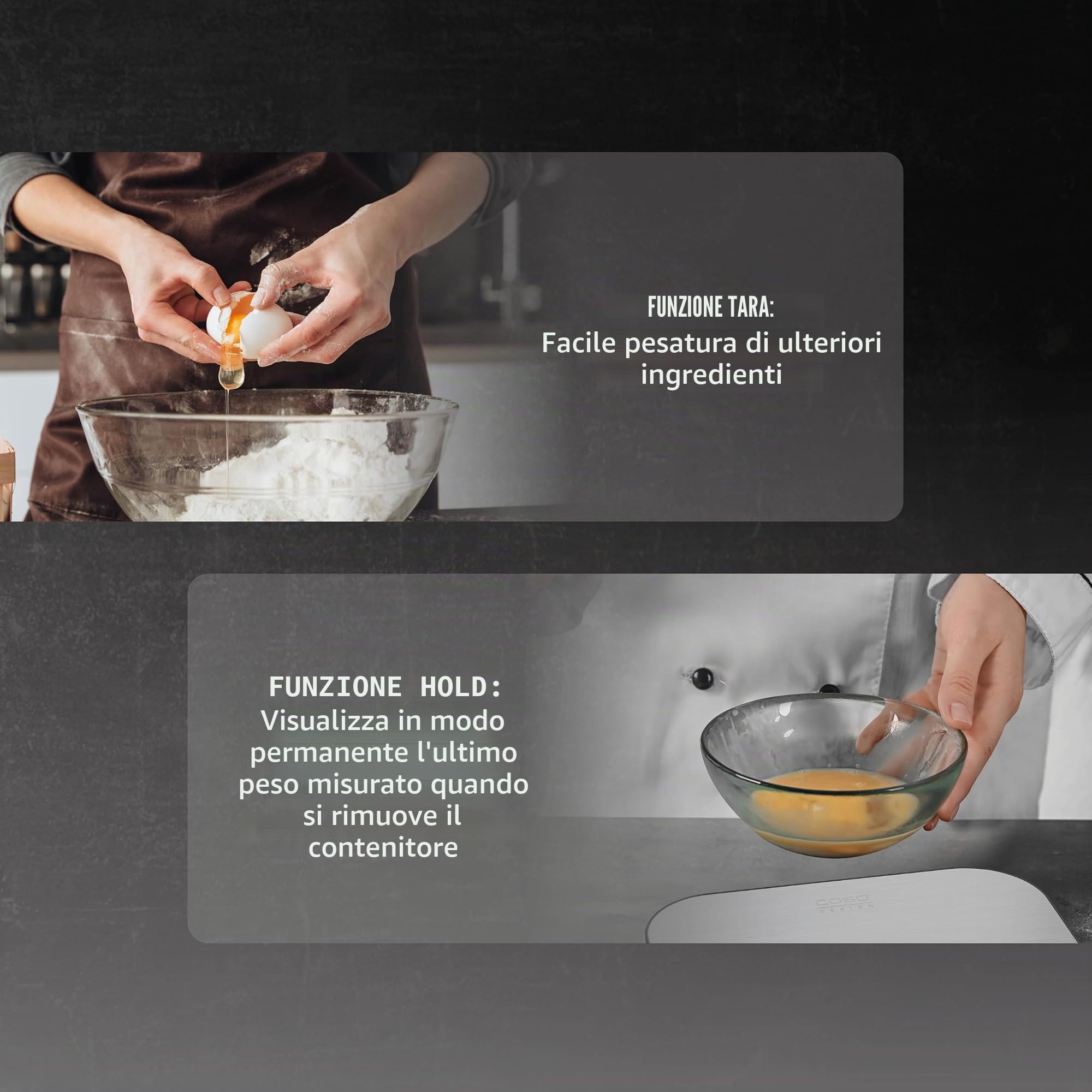 CASO KitchenDuo – Bilancia da cucina 2 in 1 con bilancia fine, scala di pesatura normale 15 kg in incrementi di 1 g, bilancia fine fino a 1 kg in incrementi di 0,1 g, funzione di tenuta, grammi, oz,