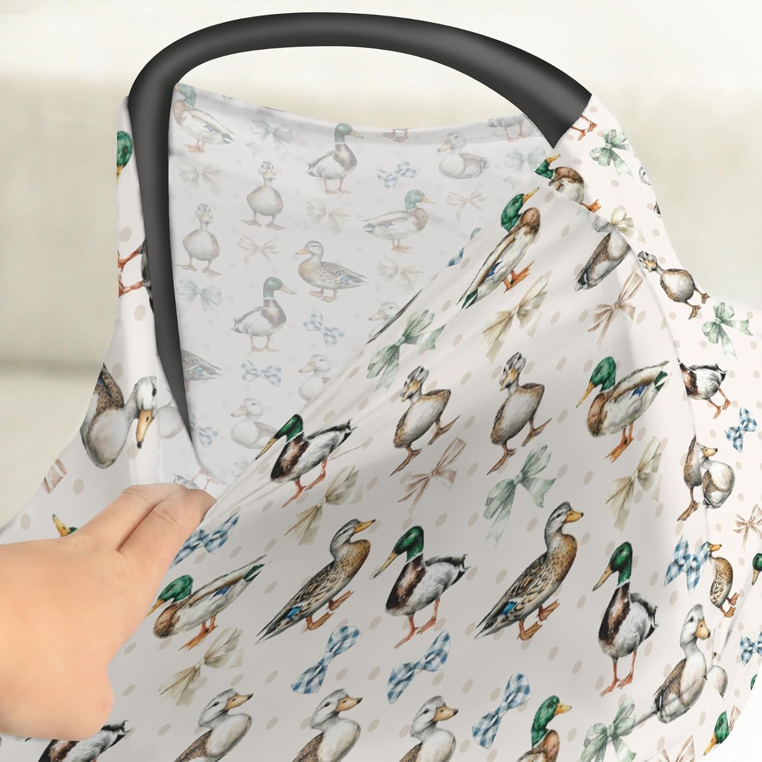 Vintage Duck Bows Floral Car Seat Cover for Babies Green Mallard Ducks Stretchy 5-in-1 Cover Adjustable Infant Carseat Canopy Cover Hunting Duck Bird Breathable Nursing Cover-Up