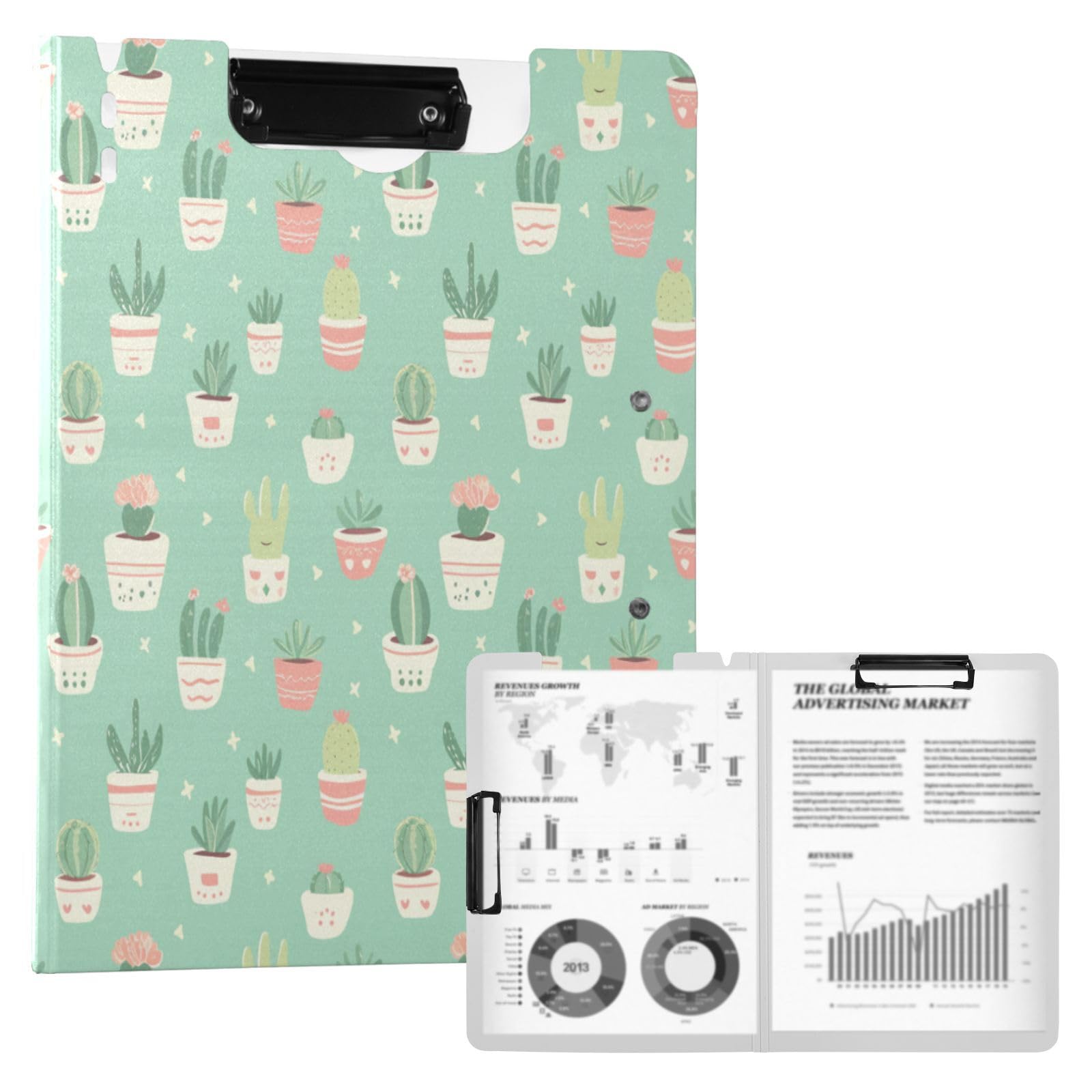 Blueangle Cactus and Succulents Clipboard Folder - A4 Foldable Clipboard for Office & School, Portable Storage Foldable Binder with Sturdy Metal