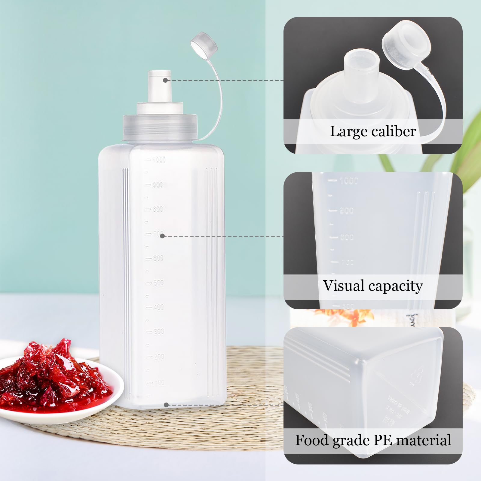 3Pcs Bottiglia di Plastica Squeeze, Bottiglia con Tappi, Bocca Grande, Trasparente Condimento Dispenser, per Ketchup Senape Mayo Salse Piccanti Olio d'oliva (# 1000ML)