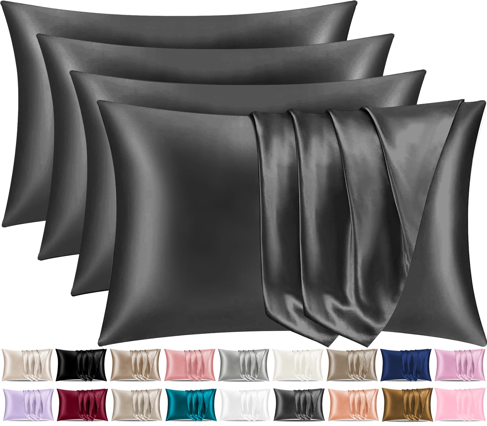 Pamposh Charcoal Satin Silk Pillowcases For Hair And Skin 4 Pack Standard Size With Envelope Closure (4 Pcs Pillowcases (50 X 75 Cm), )