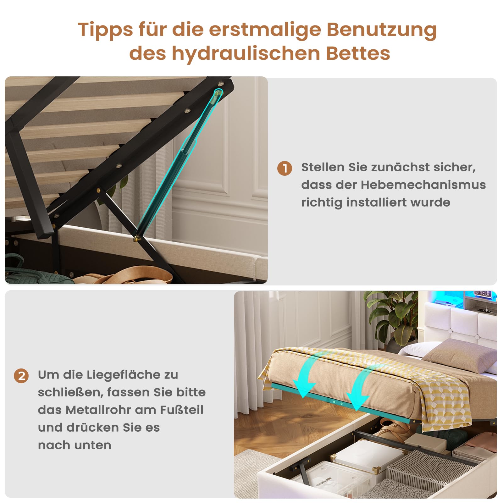 AOGLLATI Camas Individual 90x200 cm con Almacenamiento Hidráulico | Cama Canape 90x200 con LED y Estación de Carga, Somier Estructura Cama con Bolsillos Laterales, Base Cama, Lino Beige