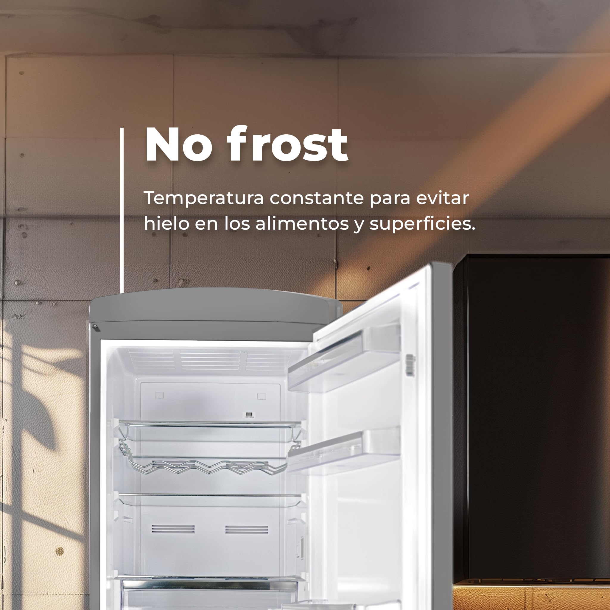 EVVO Frigorífico combi, Diseño Retro, No Frost, Capacidad Frigorífico 230L y Congelador 94L, Libre de Gas CFC, Refrigeración Turbo Fan, Crisper Zone, Control manual (F60 Retro Color Gris)