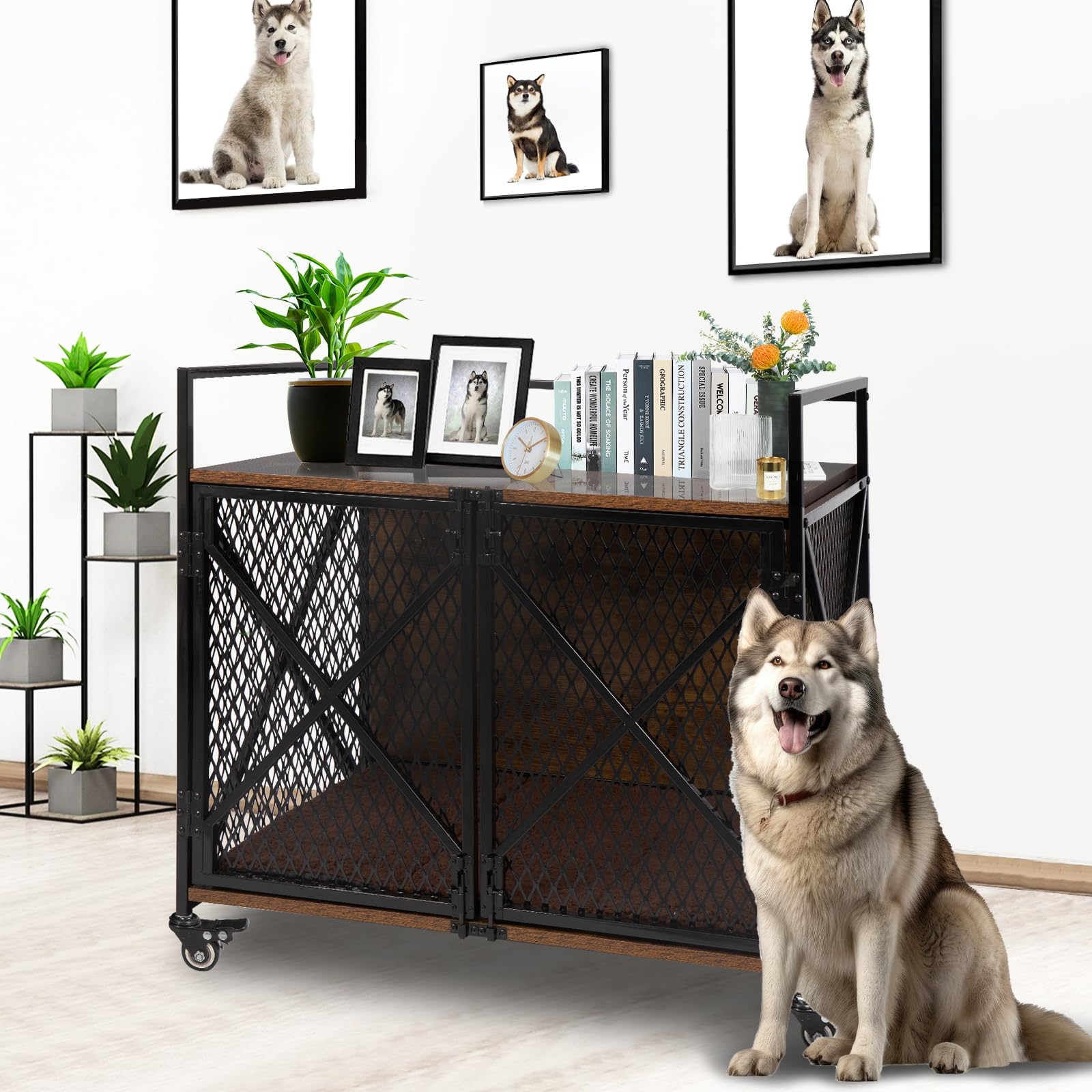 41" L Heavy Duty Dog Crate Furniture with Cushion, Wood Indoor Dog Crate Kennel End Table Indoor Double Door Kennel with Lockable Wheels, Decorative Dog Houses Table for Small to Large Dog