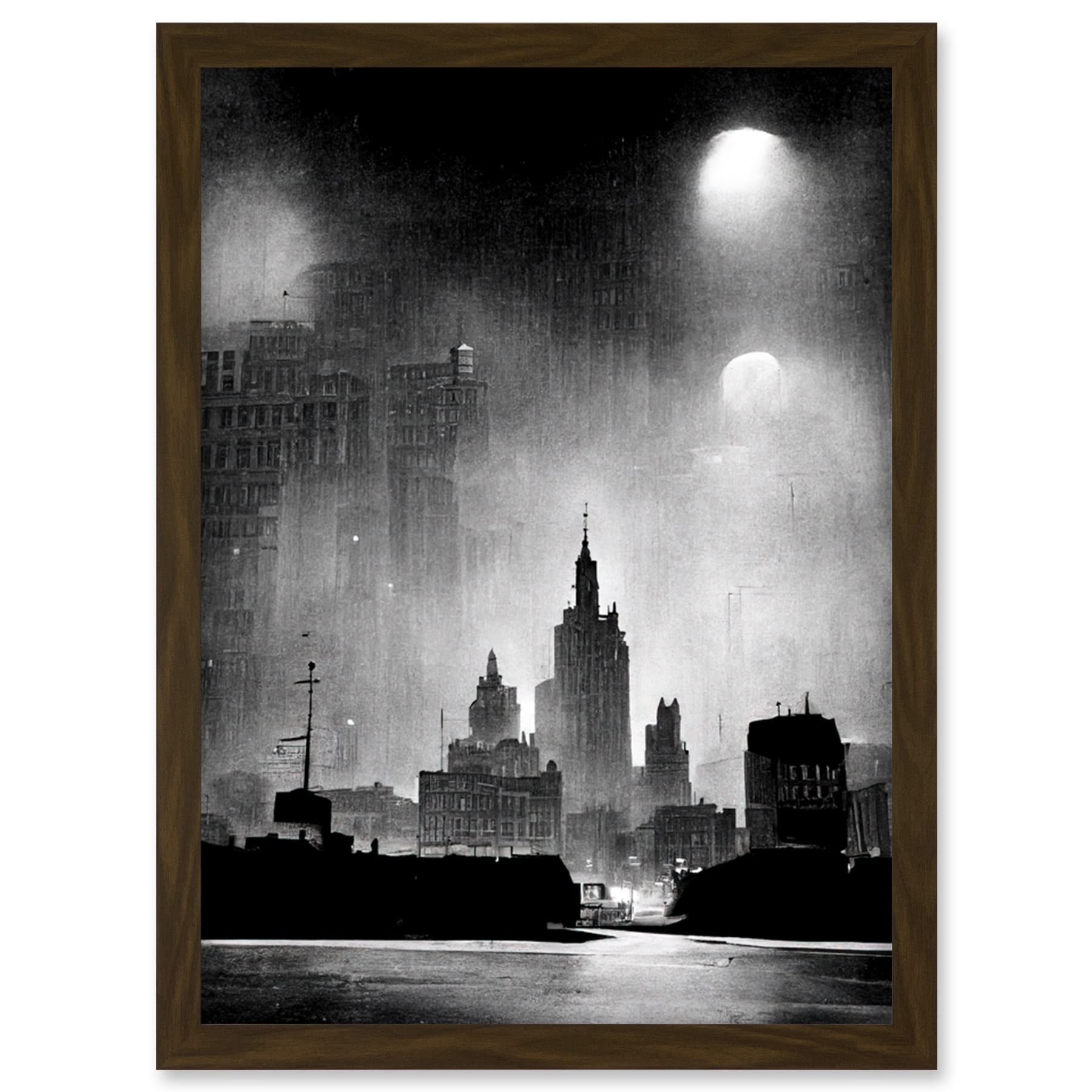 Doppelganger33 LTD 1950s Black And White New York Rainy Mist Cityscape Artwork Framed Wall Art Print A4