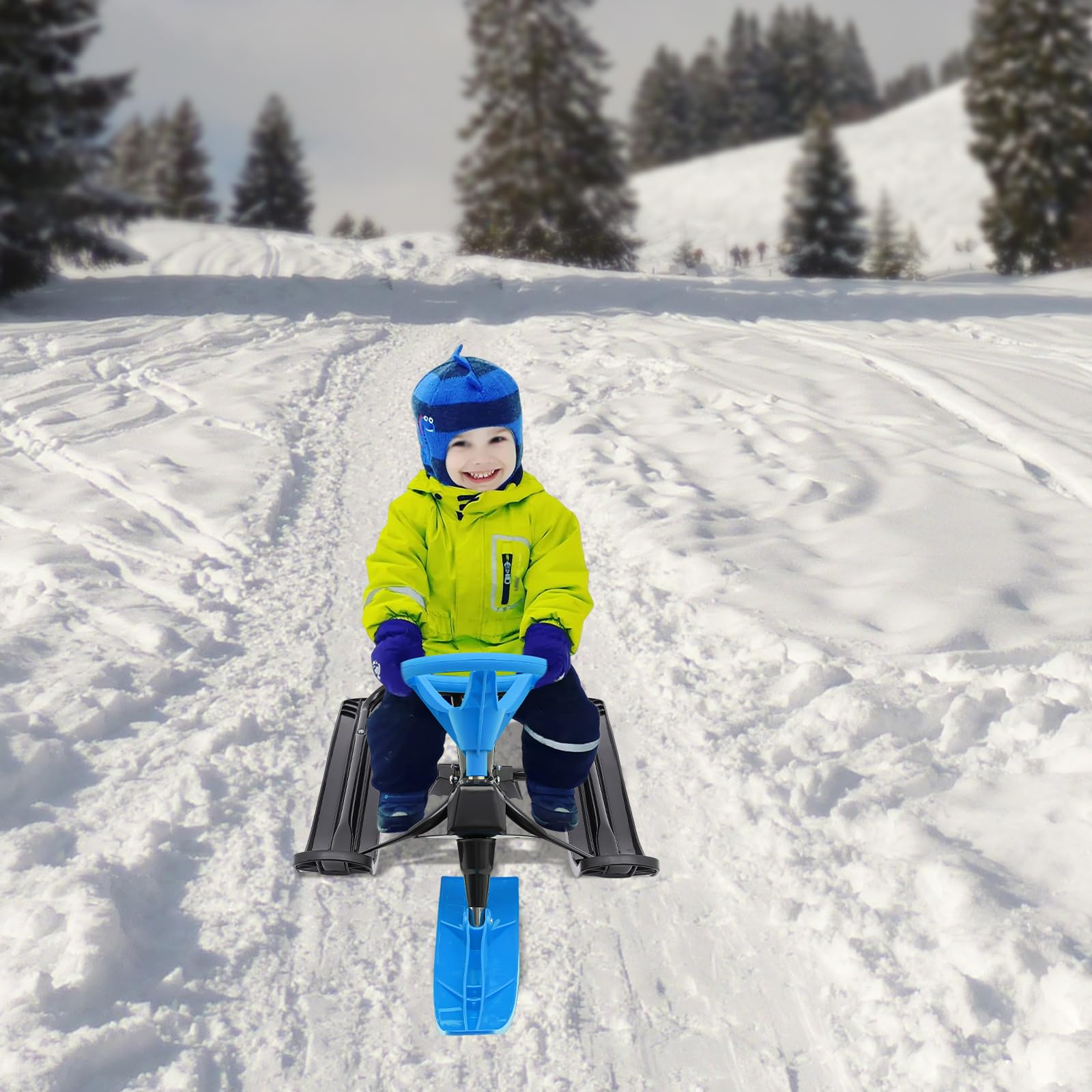 Luge avec frein pour enfants et adultes - Charge maximale : 100 kg - Avec volant - Pédale antidérapante - Siège en polyuréthane - Luge de course - Jouet d'hiver