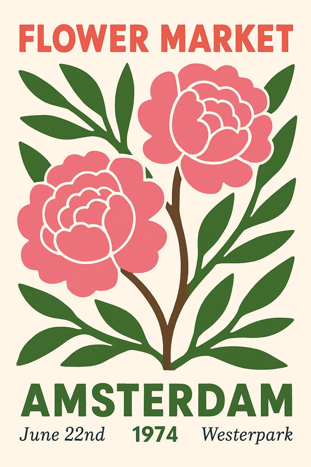 FLOWER MARKET AMSTERDAM - A5 A4 A3 Nature Poster Wall Art Retro Landscape Illustration with Mountains Trees and Sky Elements for Calm Earthy Interior Decor (A4 (297x210mm), High-resolution paper)