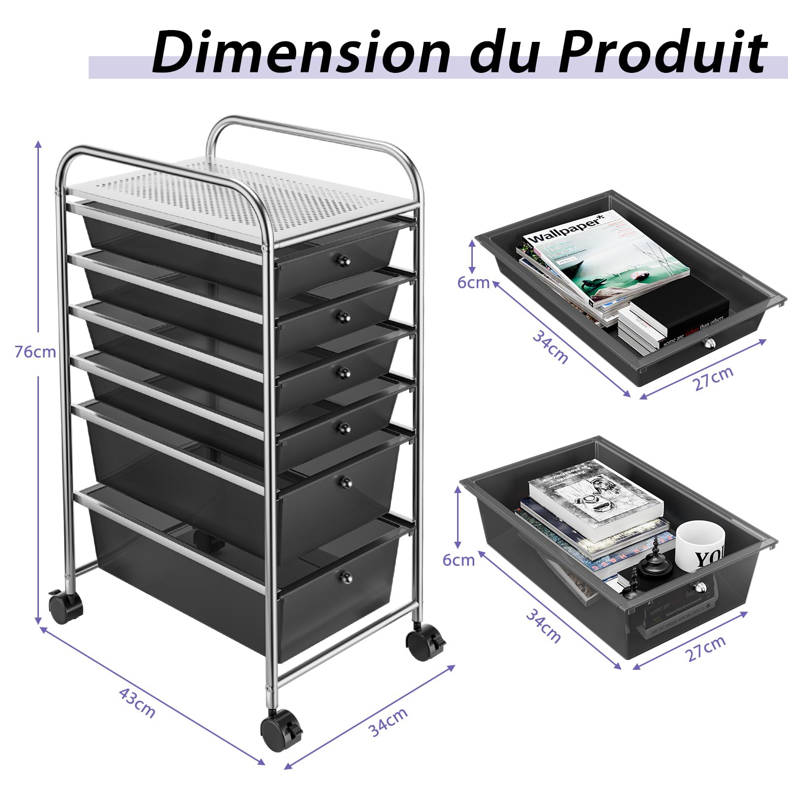 GIANTEX 6 Tiroirs Chariot de Rangement, Tour de Rangement Bureau sur roulettes, Desserte à roulettes Verrouillables avec Cadre Métal, Idéal pour Bureau, Salon, Chambre (Noir)