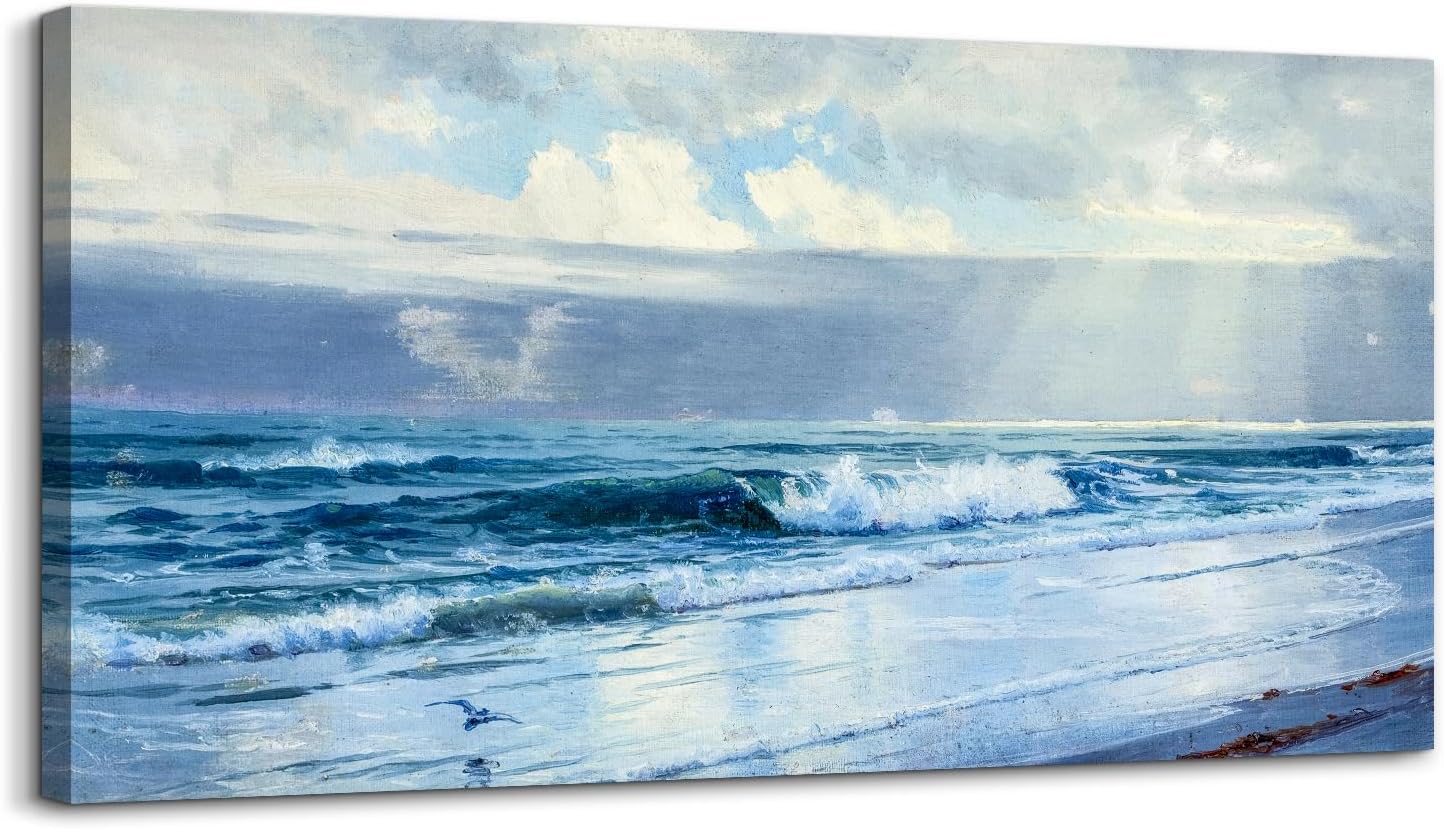 crmotu Beach Large Wall Art, Coastal Landscape Vintage Decor Painting, Sun and Ocean Waves Canvas Art Prints, Blue Aesthetic Wall Pictures for Living Room Bedroom bathroom, Office Decor 20"X40" 40L" x 20W" Tyndall Effect At The Beach