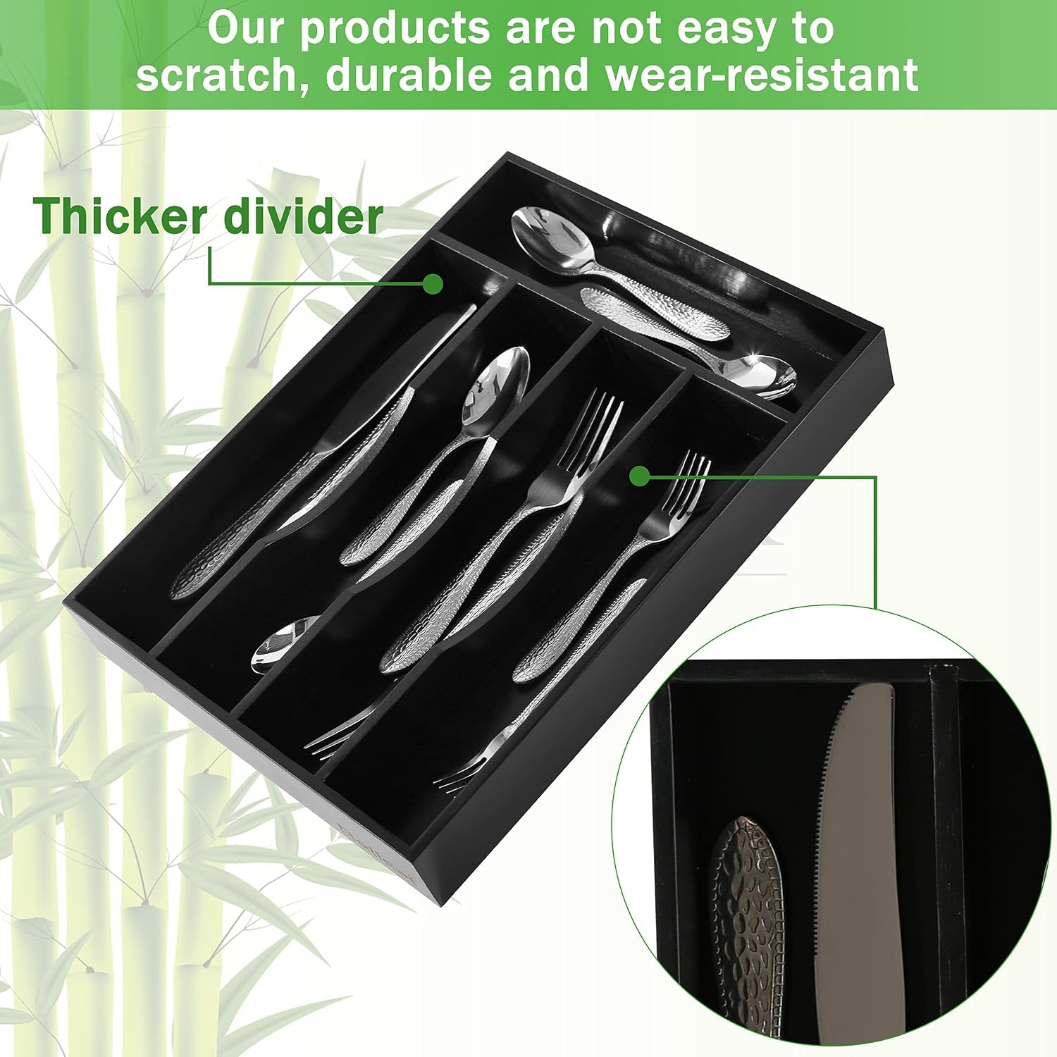 Greenual Besteck-Organizer, 25,4 cm, Besteck-Organizer für Schublade, Besteck-Organizer für Küche, Bambusholz, Schwarz