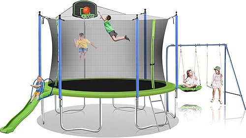 Combinación de trampolín de 14 pies con columpio y tobogán, red de seguridad y aro de baloncesto, diversión al aire libre para niños y adultos
