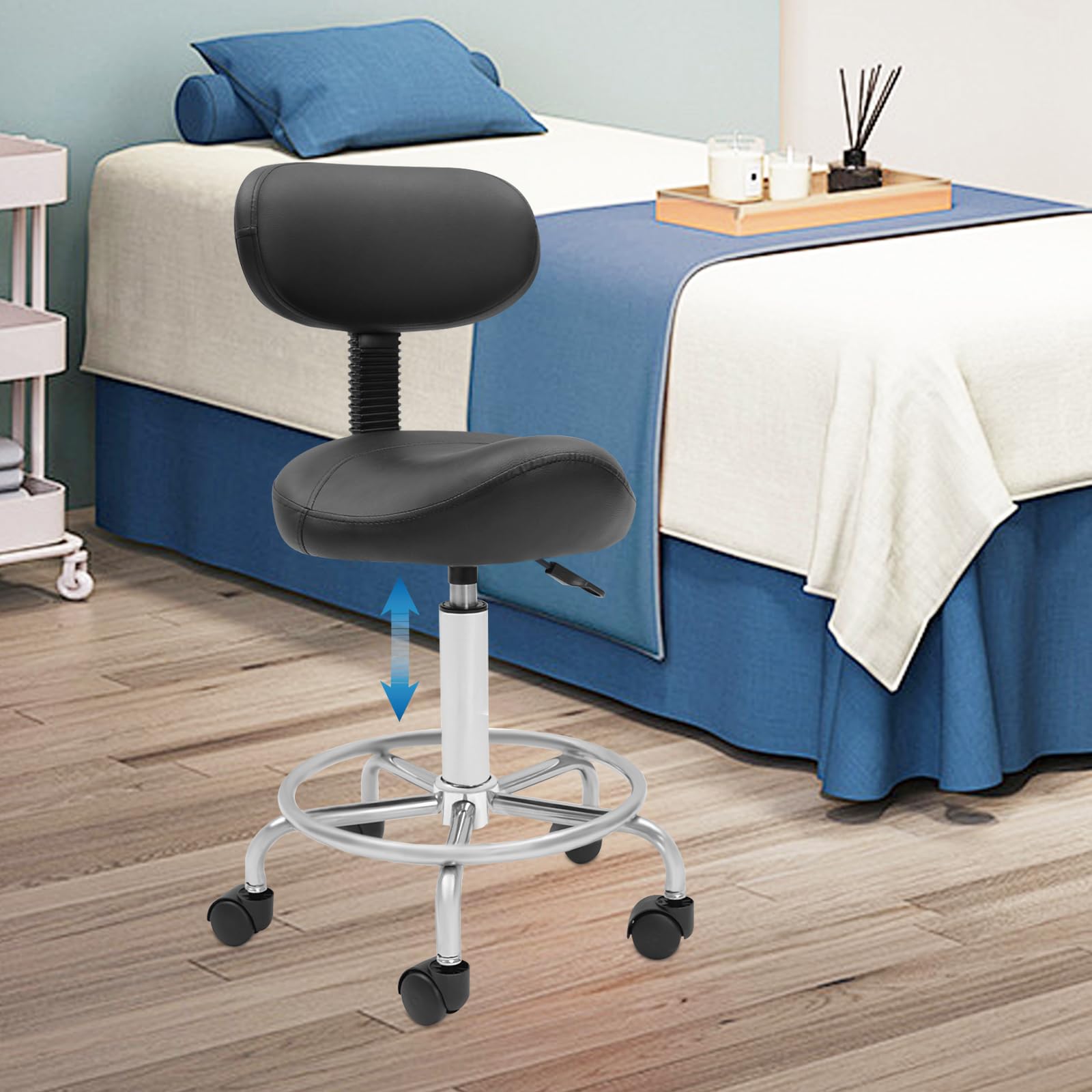 Saddle Taburete con Respaldo, Taburete Elevador para Oficina Spa, Ajustable Rolling Saddle Stool con Ruedas, Silla de Oficina Giratoria Altura Ajustable Silla Giratoria 360° (Negro)