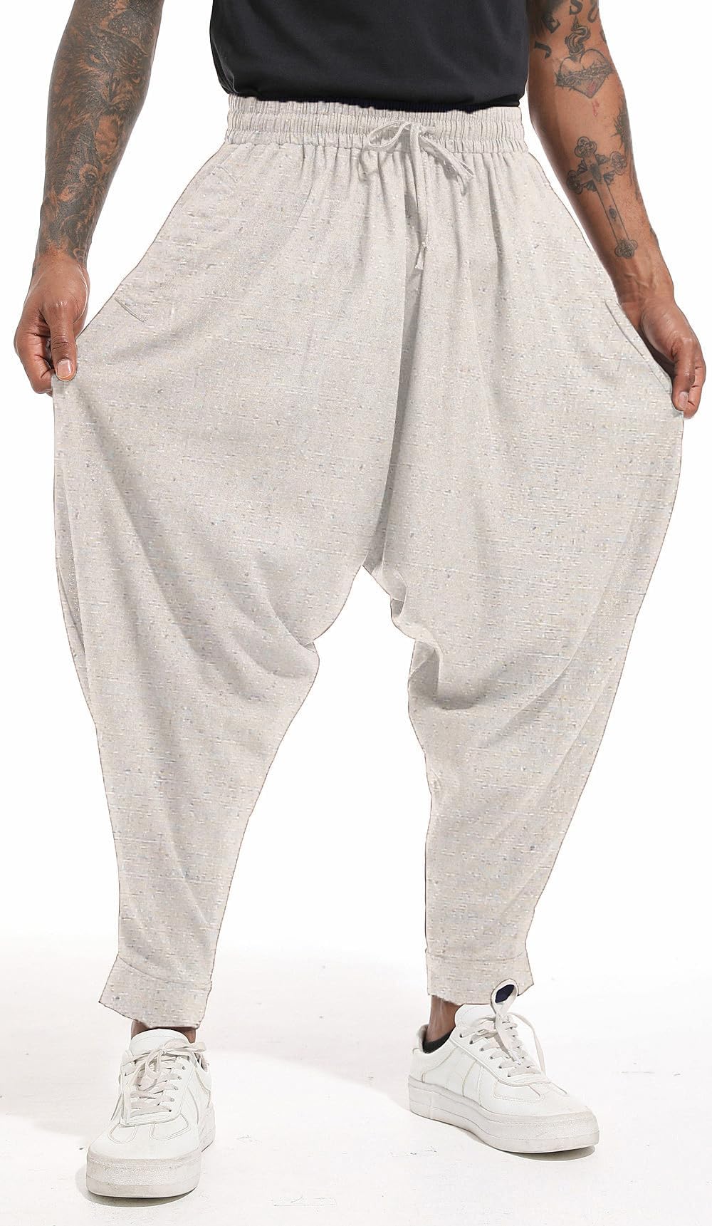 AITFINEISM, Pantaloni harem da uomo, comodi, con vita elasticizzata, alla moda, in tinta unita, casual, in stile hippie, per yoga