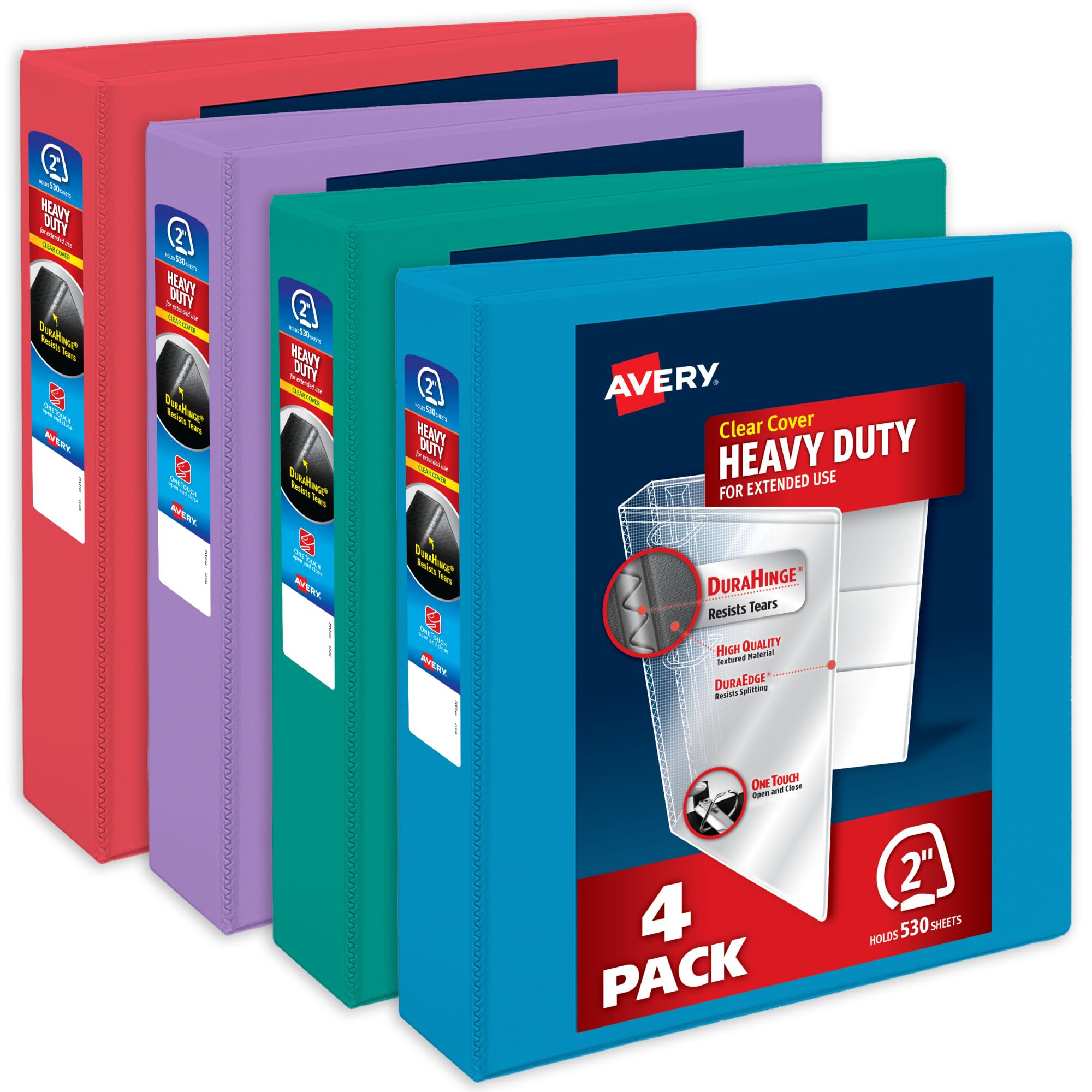 Avery Heavy-Duty View 3 Ring Binders, 2 Inch One Touch Slant Rings, 530-Sheet Capacity, Assorted Bright Colors, 4-Pack (79636) – for School, Office,