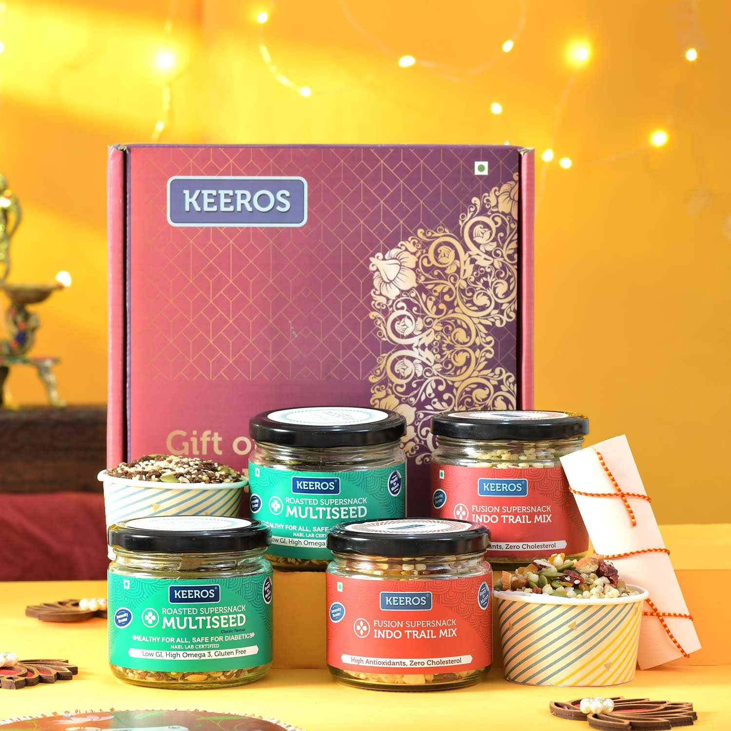 KEEROS Healthy Bhaidooj Sweets Gift Box for Brother with Roli Moli Chandan Tikka Chawal Mishri |Combo of 2 Varieties of Tasty & Nutritious Dry Fruits Mixed Snacks In Glass Jars-image-4