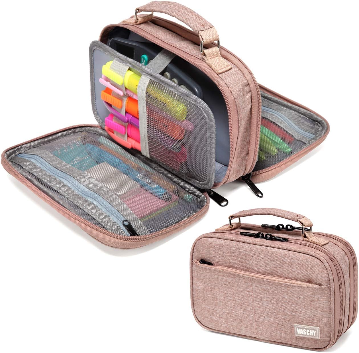 VASCHY Pencil Case, Large Pencil Pouch with Compartments for Middle School,Work,Office Pen Organizer Holder School Supply Pink