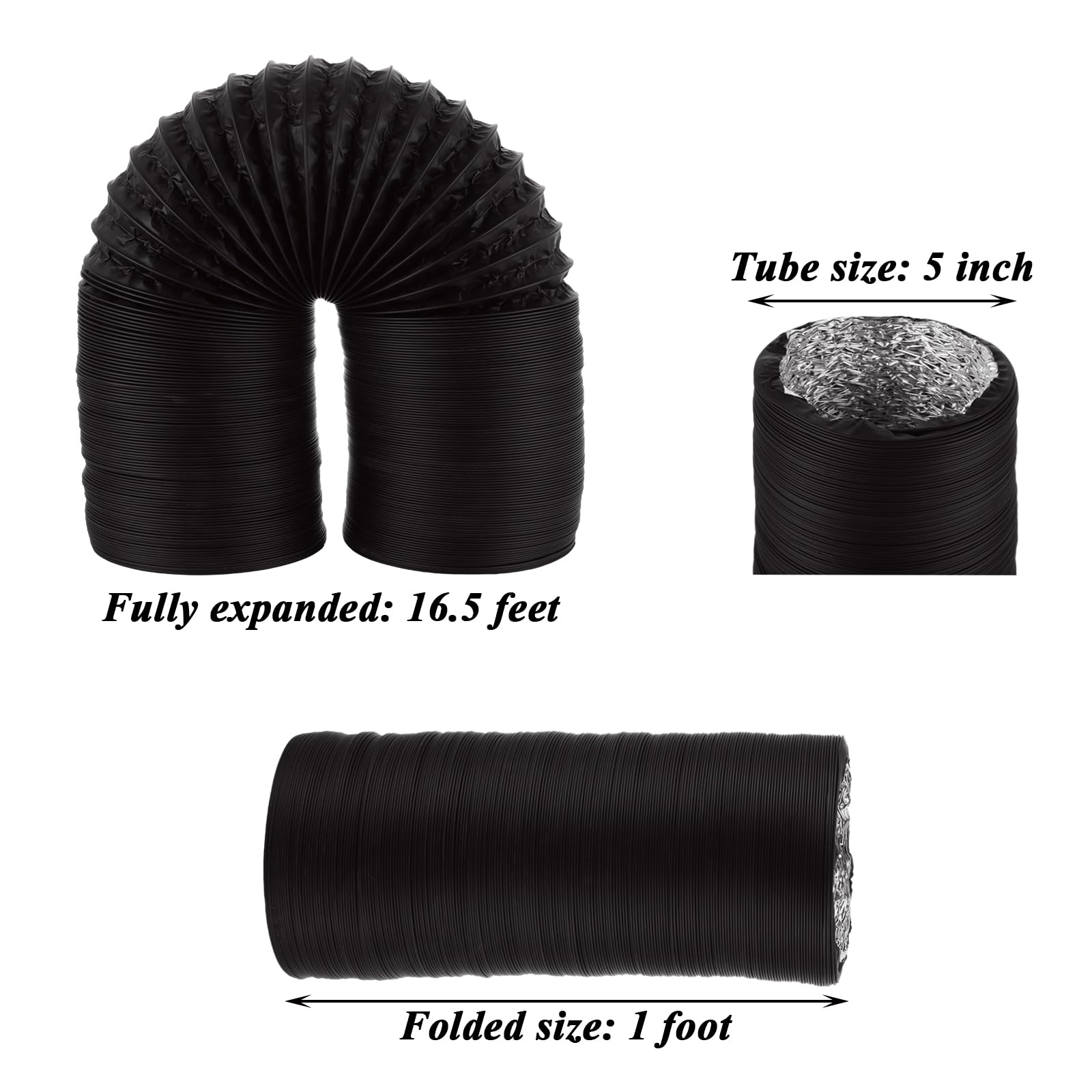 Tubo flessibile da 12,7 cm, 5 m, in alluminio nero, con 2 morsetti a vite per riscaldamento, ventilazione, aria condizionata (HVAC), soffiatore per barca, tende di scarico