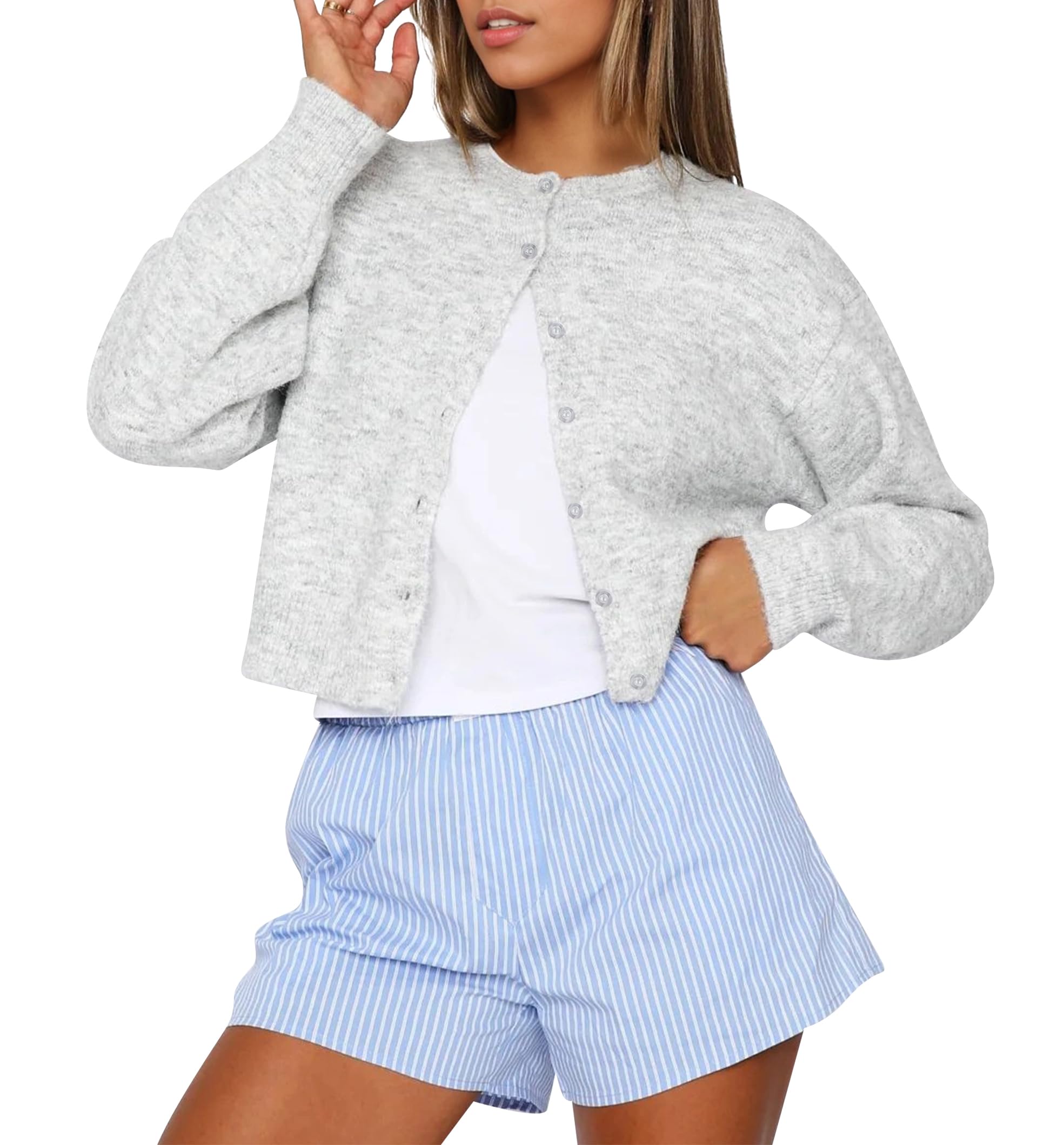 Women Casual Open Front Button Down Cropped Cardigan Sweaters Y2k Crewneck Long Sleeve Fall Knitwear Teen Clothes