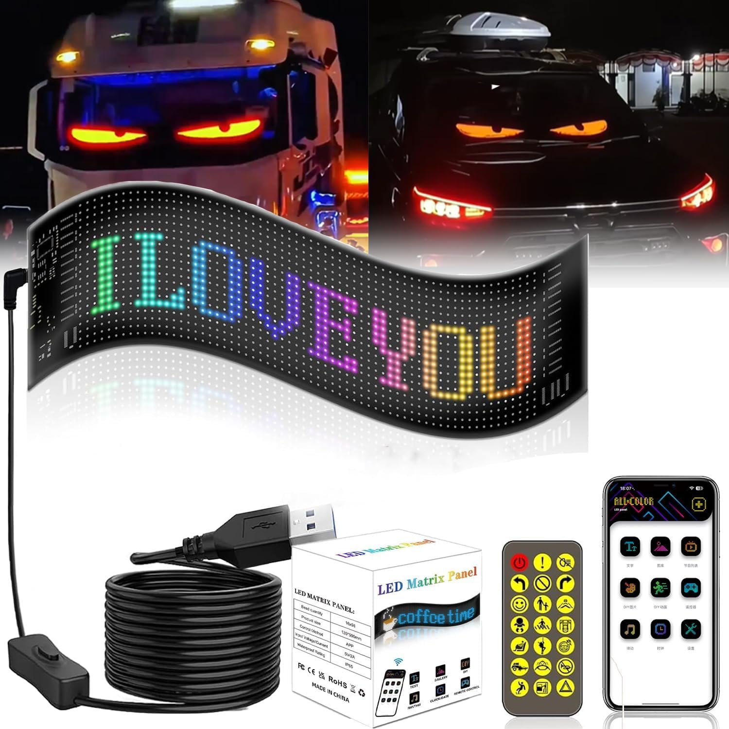 PLOTSAGE Colorful Eye Lamp Soft Screen for Car Windows, DIY Car Dynamic LED Smart Colorful Eye Lamp Soft Screen, Programmable Flexible Matrix Screen for Car,Black,102mm*348mm