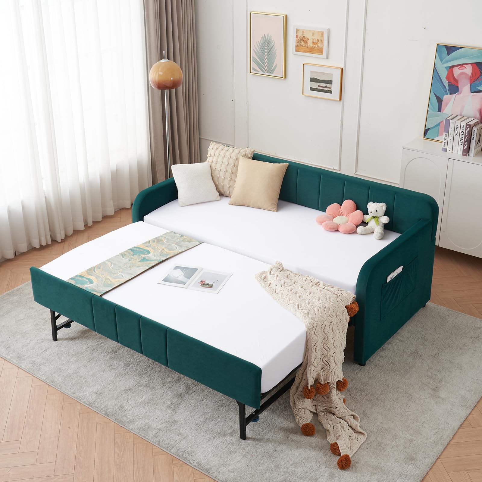 Twin to King Daybed with Trundle, USB Ports, Velvet Upholstered Daybed with Pop Up Trundle Bed, Modern Extendable Day Bed Frame for Kid Adult Bedroom