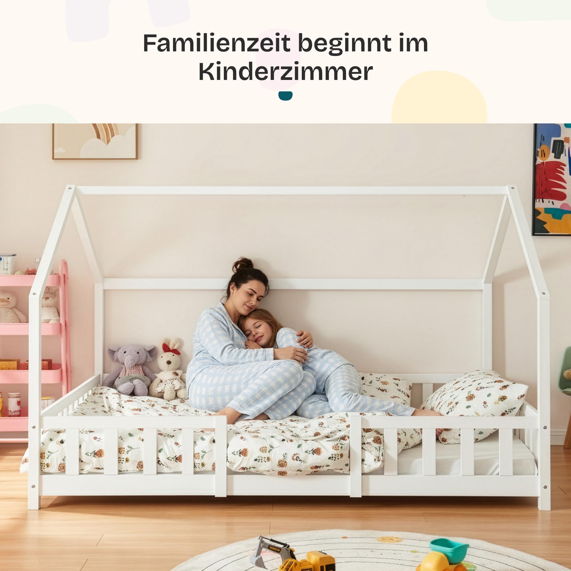 Kinderbett Sisimiut Hausbett Montessori 140 x 200 cm mit Rausfallschutz Holzbett Kiefernholz Weiß matt