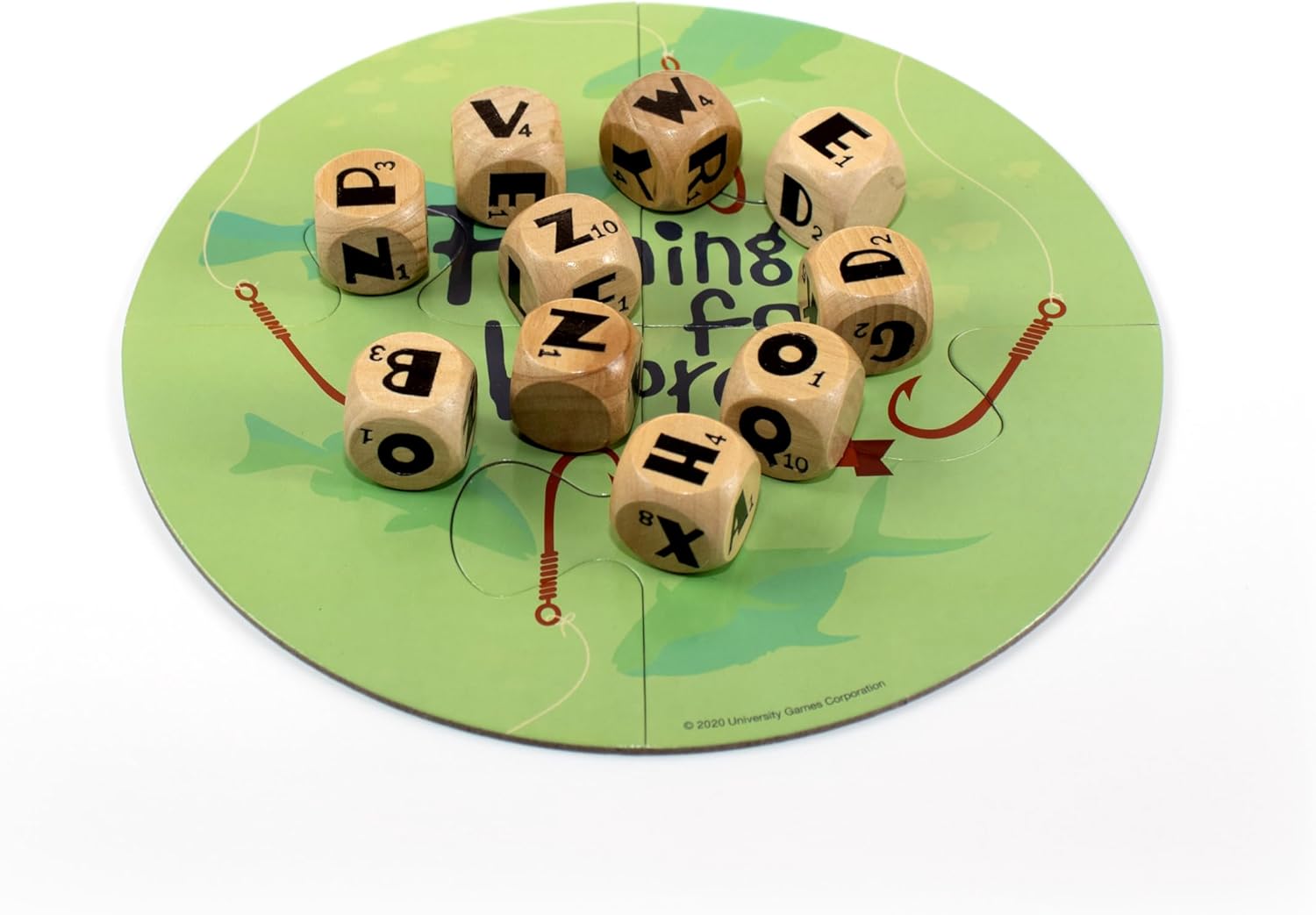 Fishing for Words, Dice Game, Word Game, Travel Game, Family Game, Bar Game, 2 to 4 players, ages 8 and up, Green