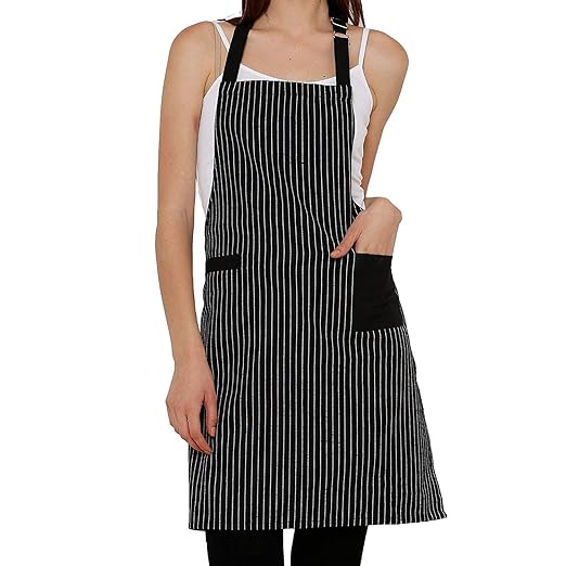 SAMI STUDIOS 100% Cotton Adjustable Bib Cooking Kitchen Aprons Spunky Stripes With Large Pockets, BBQ Drawing Dishwashing Baking Grill Restaurant For Men & Women UNISEX Washable 70x80 Cms Black