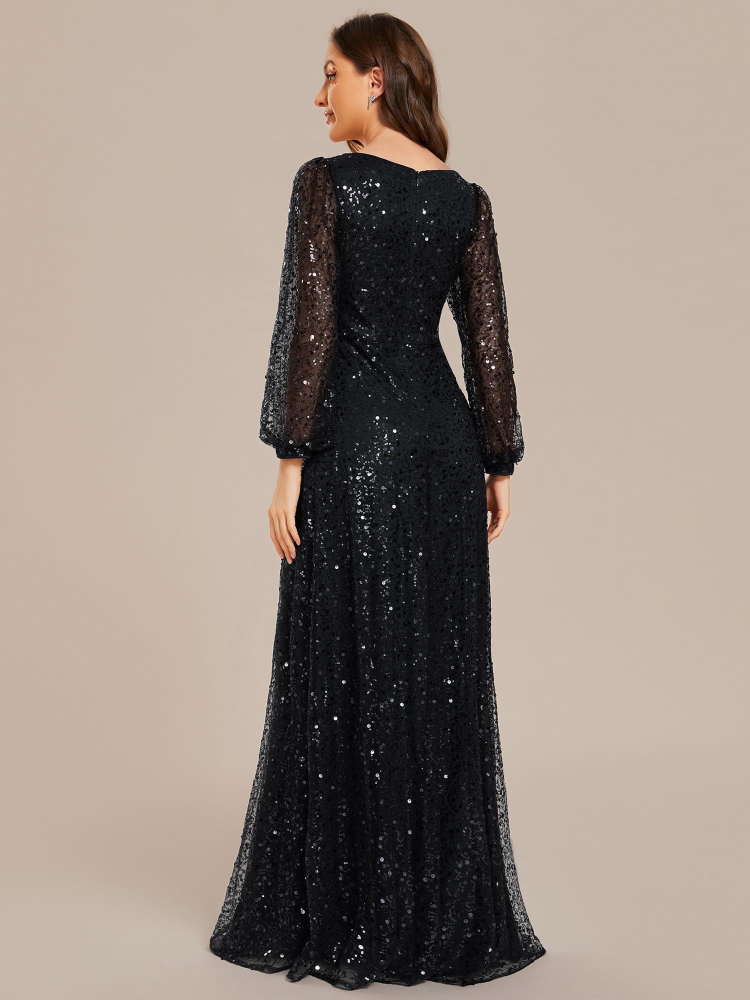 Ever-Pretty Abiti da Sera Donna Elegante Manica Lunga Slim Vita Alta Brillantini Tulle Vestito da Cerimonia Maxi Lungo Abita da Cocktail EE01999
