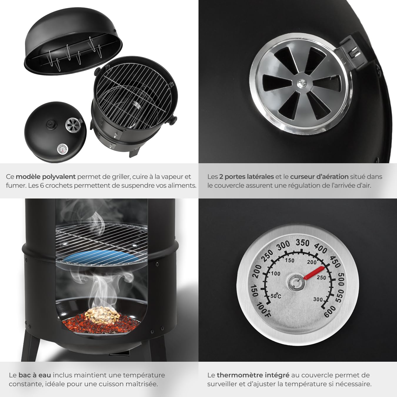 tectake® Barbecue Grill XL BBQ à Charbon Smoker Fumoir Viande et Poisson 3 en 1, 3 étages avec Roues et Thermomètre intégré pour Cuisine à la vapeur Cuisine extérieure