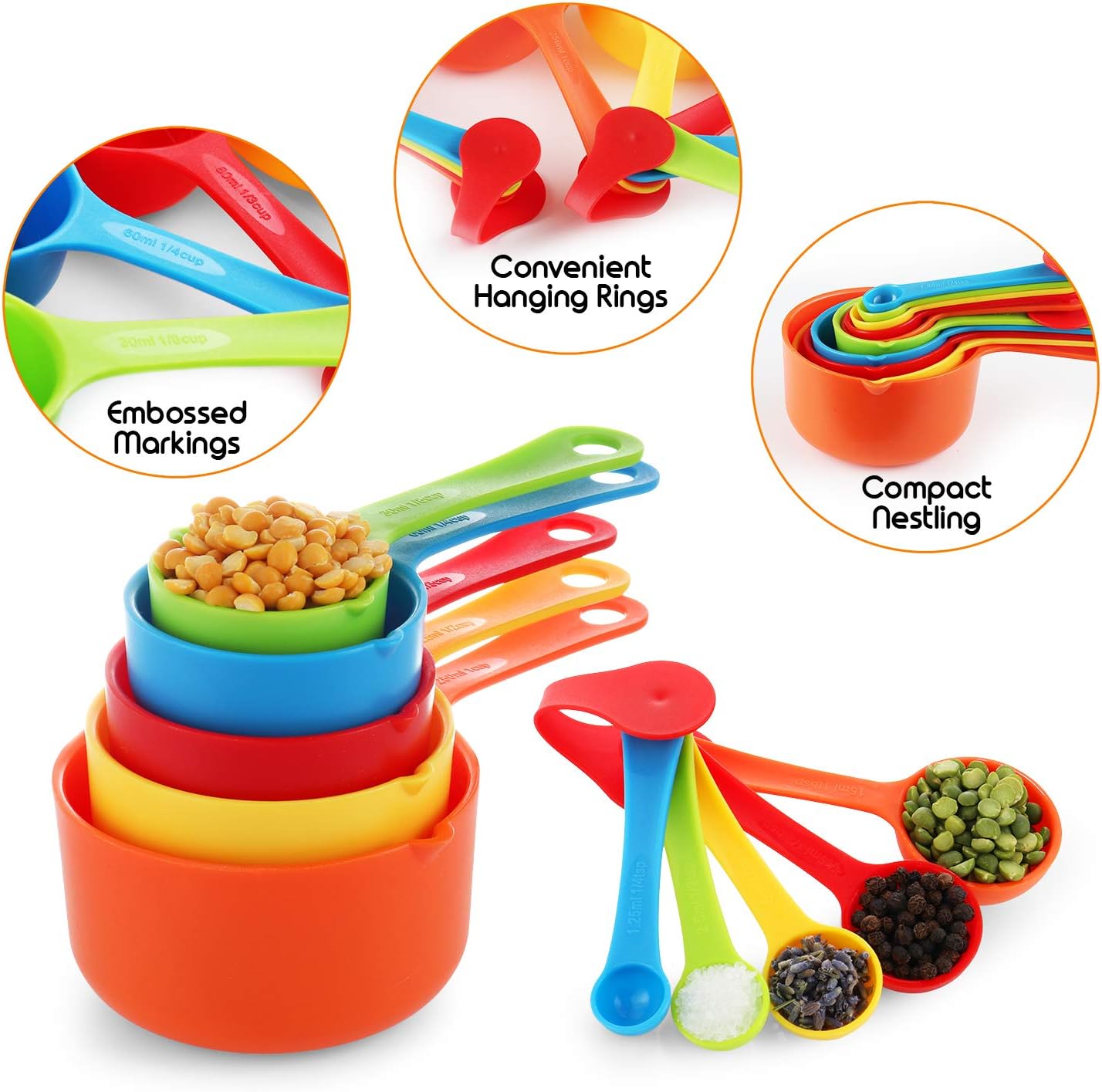 13 Piece Plastic Measuring Cups and Spoons set – 5 Measuring Spoon Set – 5 Small Measuring Cup Set & 3 Large Transparent Measuring Cup Set – Stackable Kitchen measuring spoons and cups -
