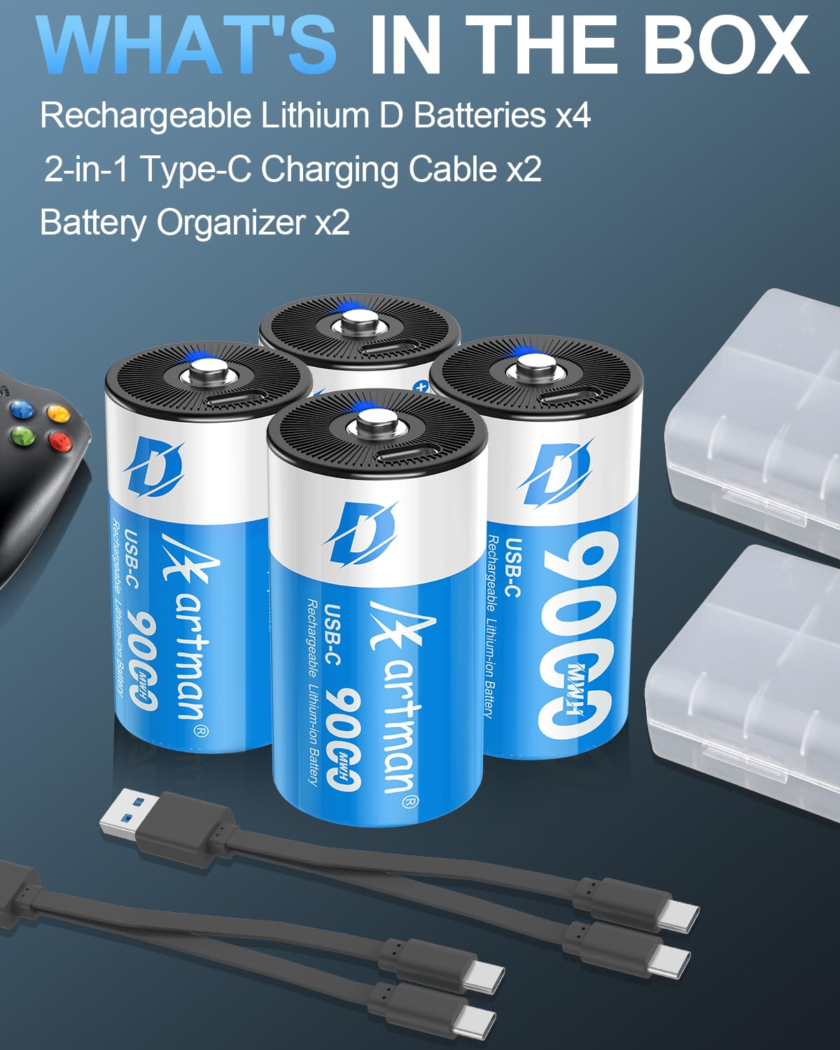 Artman - Confezione da 4 batterie ricaricabili al litio D, 9000 mWh, ricaricabili agli ioni di litio, con cavo di ricarica USB-C 2 in 1, batterie da 1,5 V, dimensioni D, per proiettori, scaldabagno