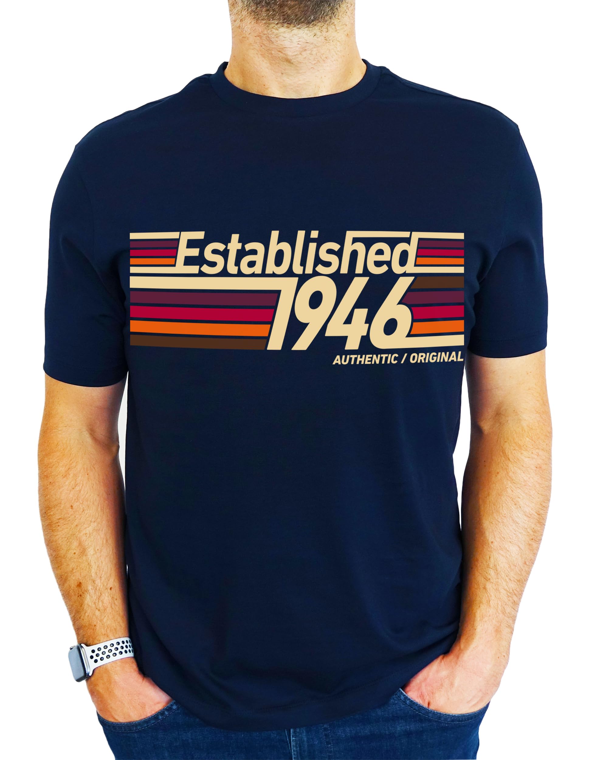 1946 Established Retro Stripes - 80th Birthday Gift | Present Mens T-Shirt Navy L