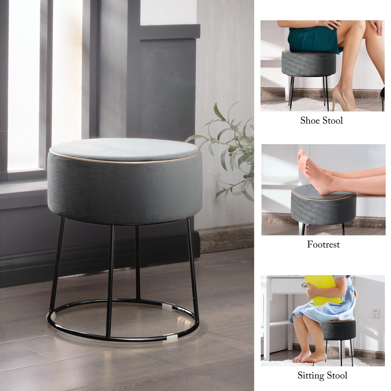 HOMASIS Kleiner Hocker für Schminktisch, runder Sitzhocker aus Samt, Fußhocker mit Metallbeinen, eleganter Polsterhocker, Schminkhocker Fußstütze für Wohnzimmer Schlafzimmer (Grau)