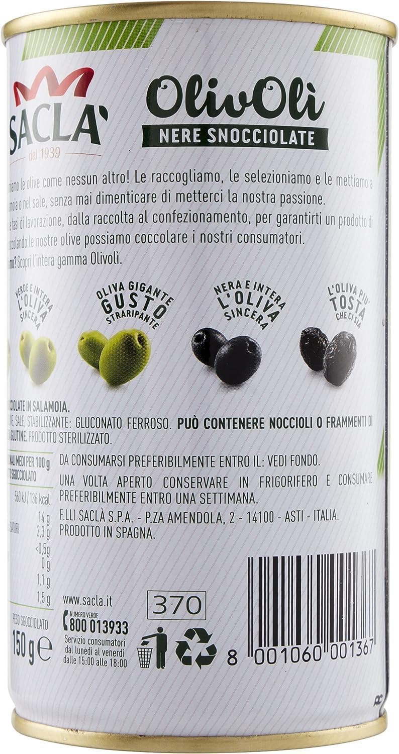 Saclà, OlivOlì, Olive Nere Denocciolate, Ideali per Insalate e per Arricchire i Tuoi Piatti, Lattina, 330g (150g sgocciolato), Confezione da 12 pezzi