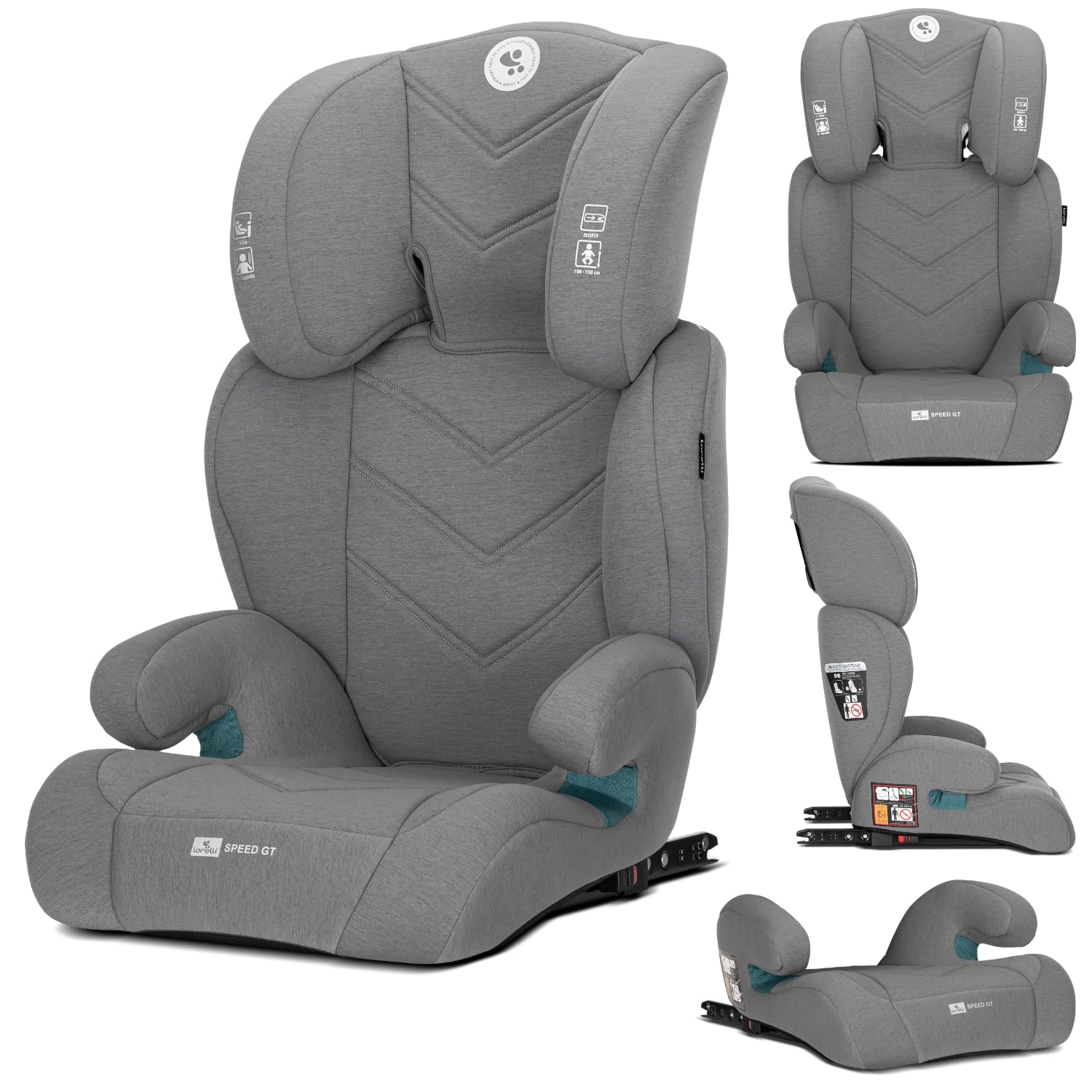 Lorelli Auto Kindersitz GT Speed mit Isofix, i-Size 100-150 cm, Mitwachsender Autositz für Kinder, Babysitz, Autokindersitz, Verstellbare Kopfstütze, Grau