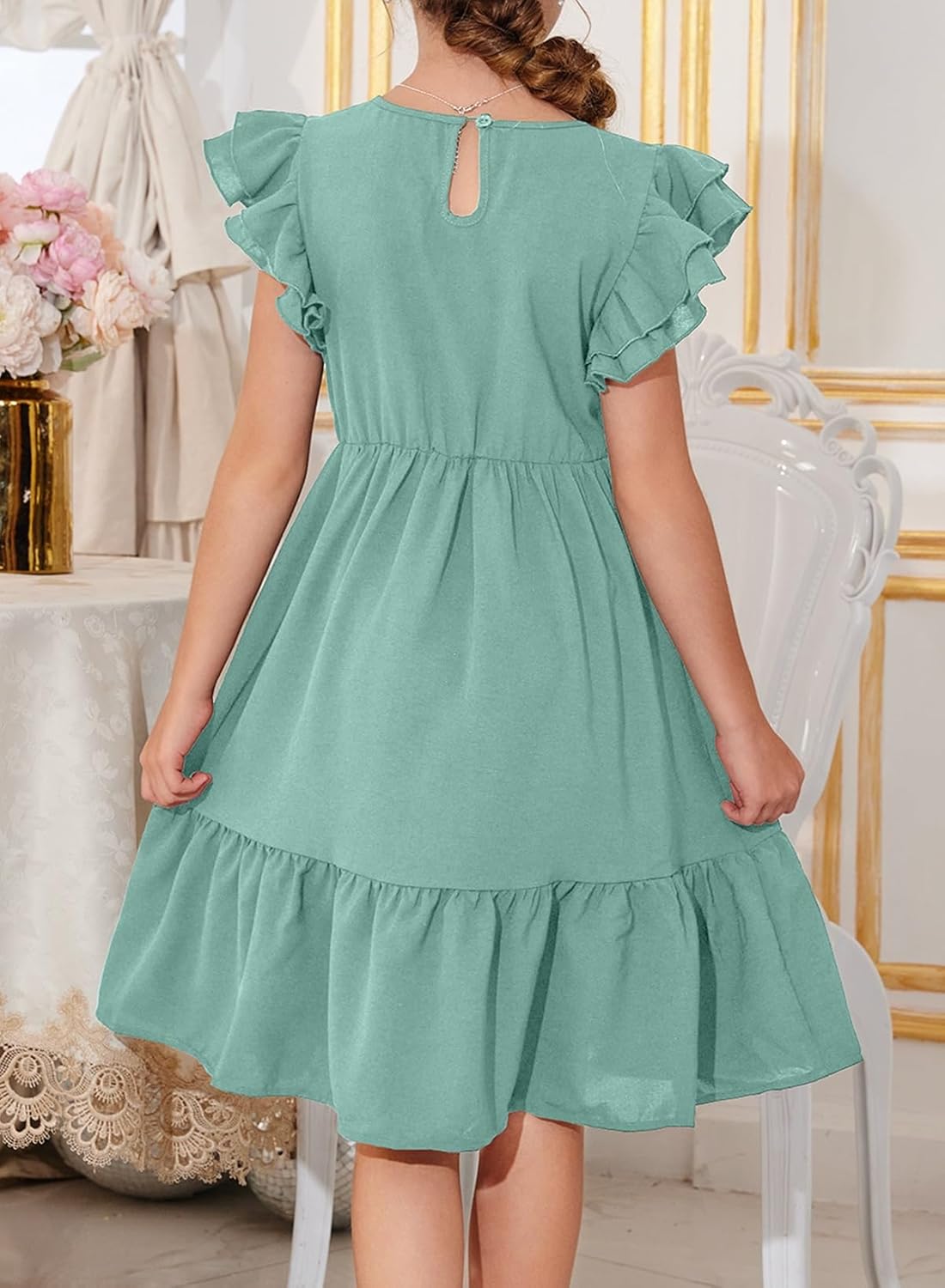 blibean Teen Girls Dresses Kids Double Layer Ruffle Sleeve Dress Size 6-15 Years - Image 7