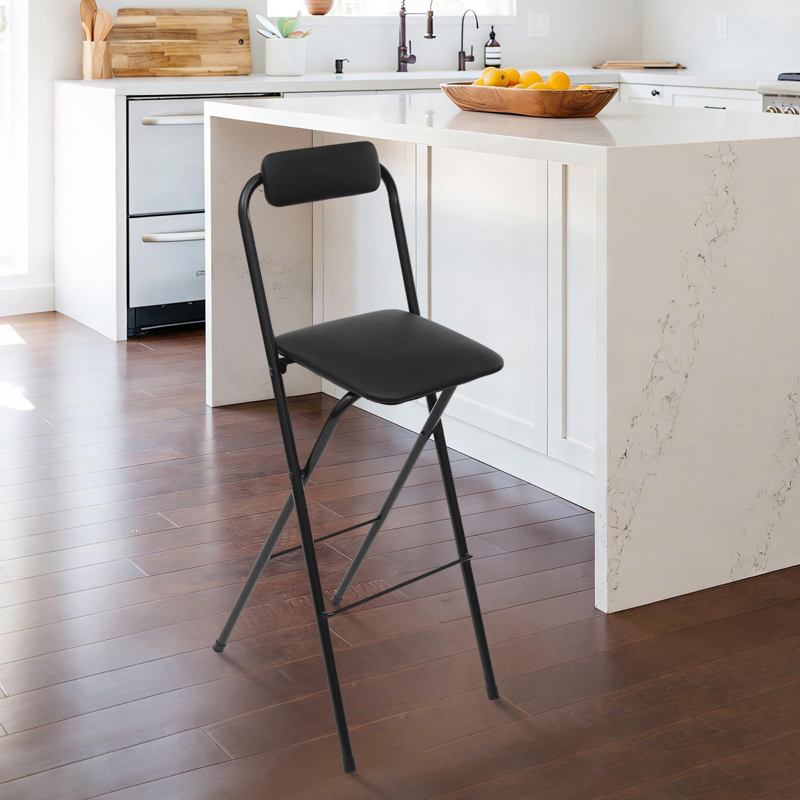 Tabouret de bar portable - Chaise haute pliable - 75 cm - Avec dossier - Tabouret pliable rembourré - Pour bar, café, capacité de charge 125 kg - Noir