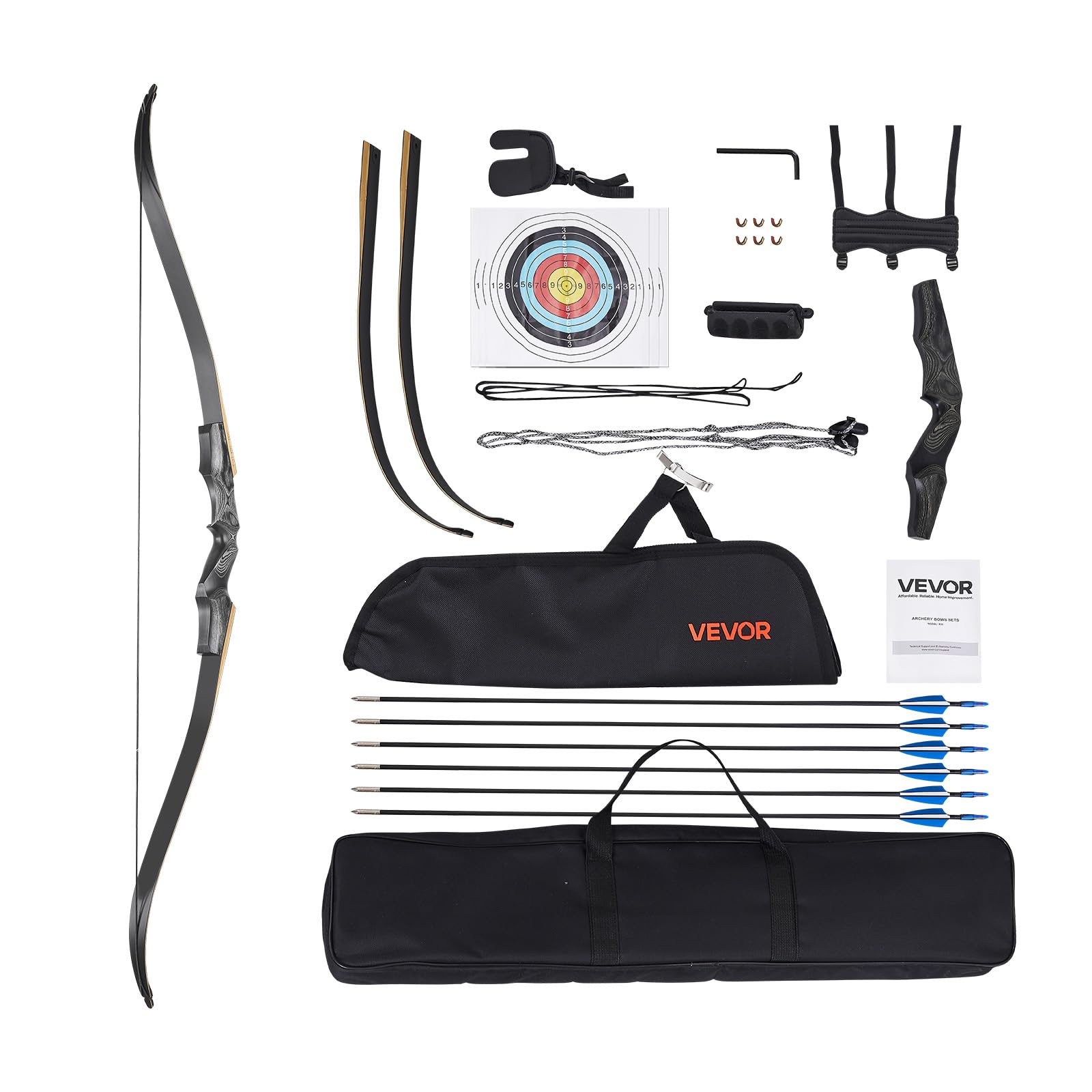 VEVOR Kit Arco Ricurvo e Frecce da 1524 mm Arco Ricurvo per Destrorsi in Legno, per Allenamento al Bersaglio all'Aperto, Caccia, per Principianti e Avanzati, Peso di Trazione 13,61 kg