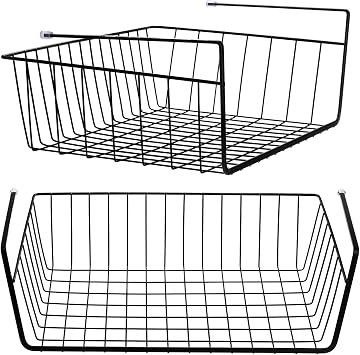 Tebery 2 Pack Black Under Shelf Wire Basket, Hanging Storage Baskets Under Cabinet Add-on Storage Racks, Slide-in Baskets Organizer for Kitchen Pantry Desk Bookshelf