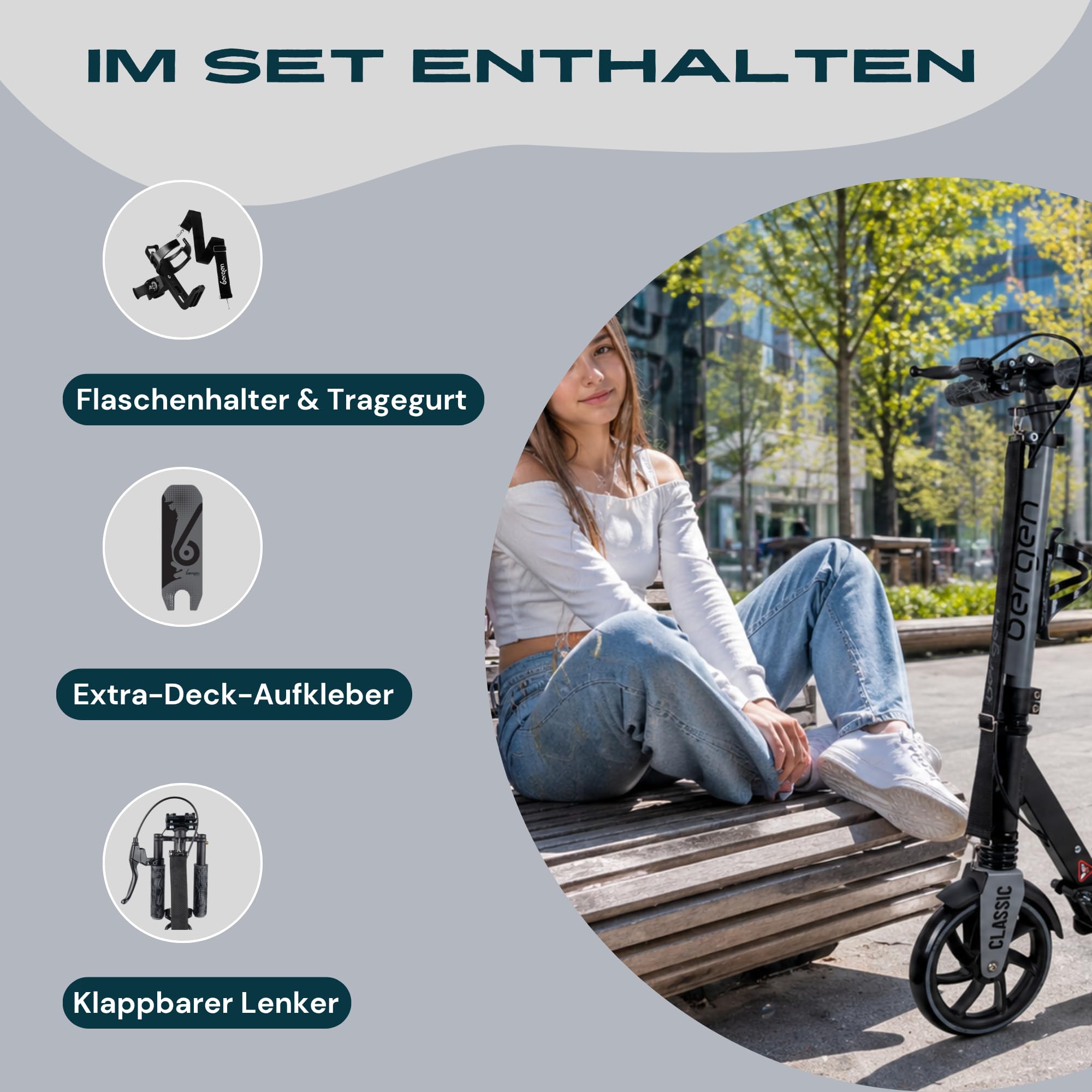 Bergen City Scooter Tretroller Classic klappbar - 200 mm Räder, Scheiben- & Fußbremse, 2× Federung, Aluminium Scooter höhenverstellbar, für Kinder ab 6 Jahre & Erwachsene bis 100 kg