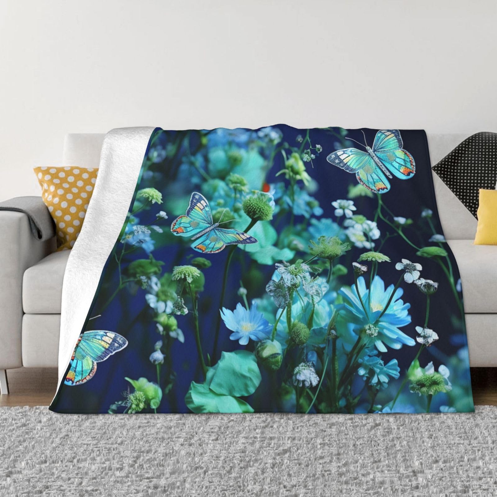 Couverture polaire papillon et fleurs bleues en flanelle douce pour lit et canapé