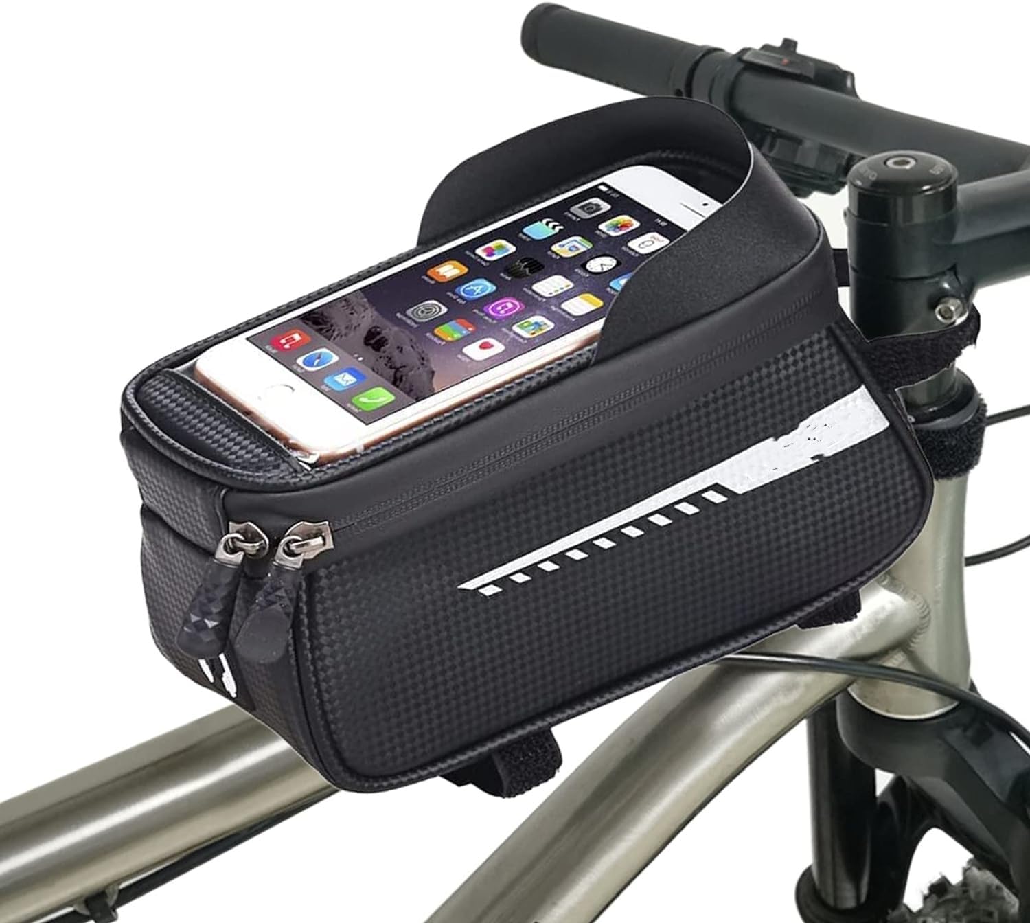 Bike Front Frame Bag Waterproof - TPU Touch Screen Phone Holder for Bicycle, with Cell Phone under 6.5 inch, Mount Case with Zipper Pouch, Top Tube Storage Cycling Accessories (Black)