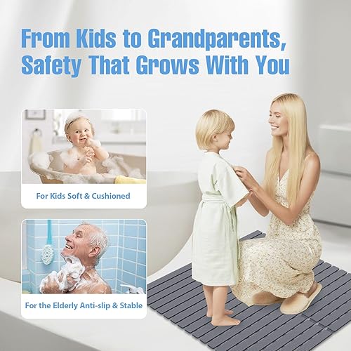 Shower Mat Non-Slip Bath Mat for Tub Floor & Stall with 200+ Suction Cups & Drain Holes, Quick Dry Machine Washable Bathtub Mat, Safe for Elderly& Baby, Bathroom Essentials 24x24 Inch (Black)(Light Grey)