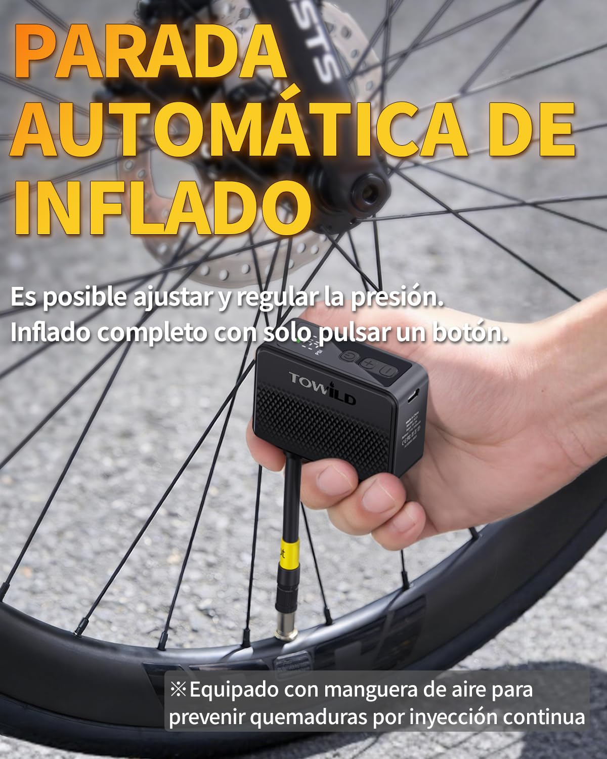 TOWILD A13 Bomba de Bicicleta Eléctrica con Manómetro, 130 PSI Bomba de Aire Portátil Compresor de Aire Recargable, Válvulas Presta y Schrader, Apagado Automático para Bicicleta de Montaña y Ciudad