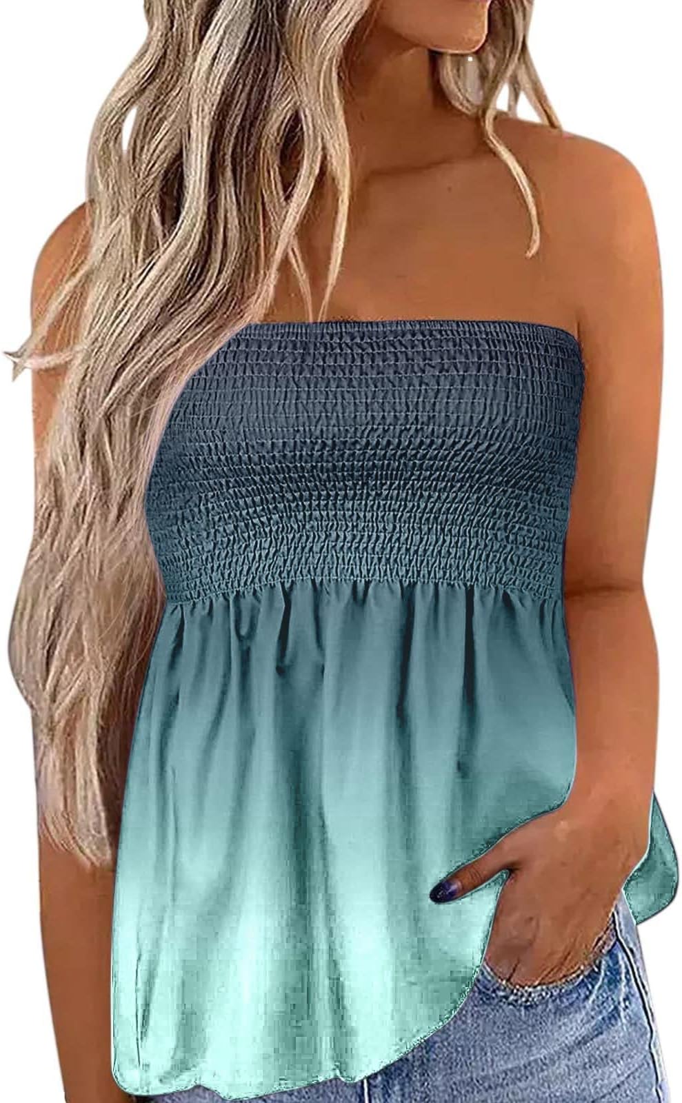 AMhomely Summer Tank Tops for Women Strapless Tube Stretch Pleated Bandeau Top Floral Sleeveless Vest Tunic Shirts Blouse Loose Shirt Casual Flowy Blouse, 11 Blue